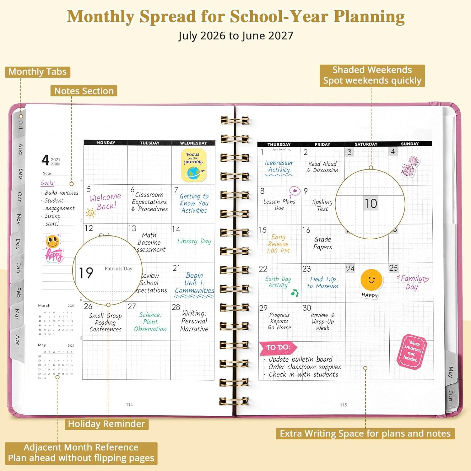 JoyCat 12-Month Academic Planner 2026-2027, July 2026 – June 2027, A5 Weekly & Monthly Planner, Hardcover Agenda with Tabs, 5 Sticker Sheets, Elastic Closure & Pocket for Teachers & Students, 6.3″ x 8.5″, Midnight Garden(Pink)