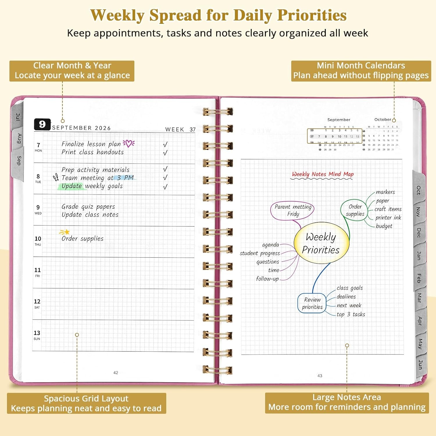 JoyCat 12-Month Academic Planner 2026-2027, July 2026 – June 2027, A5 Weekly & Monthly Planner, Hardcover Agenda with Tabs, 5 Sticker Sheets, Elastic Closure & Pocket for Teachers & Students, 6.3″ x 8.5″, Midnight Garden(Pink)