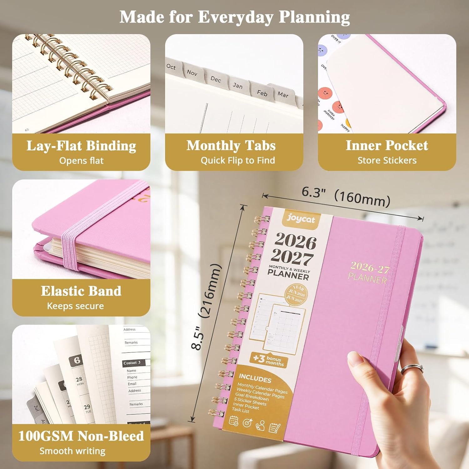 JoyCat 12-Month Academic Planner 2026-2027, July 2026 – June 2027, A5 Weekly & Monthly Planner, Hardcover Agenda with Tabs, 5 Sticker Sheets, Elastic Closure & Pocket for Teachers & Students, 6.3″ x 8.5″, Midnight Garden(Pink)