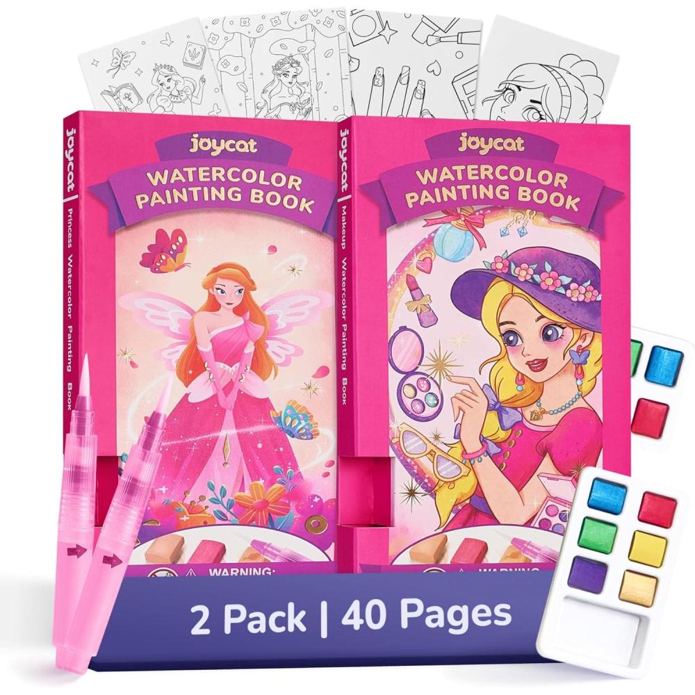 JoyCat 3 Pack Pocket Paint with Water Coloring Books for Kids, Art & Craft Activity Toy Set, Creative Travel & Home Painting Kit, Easter Gifts for Girls & Boys Ages 3-8 (3 Pack – Magical Pony & Ocean Princess & Animals)(2 Pack – Makeup & Princess)
