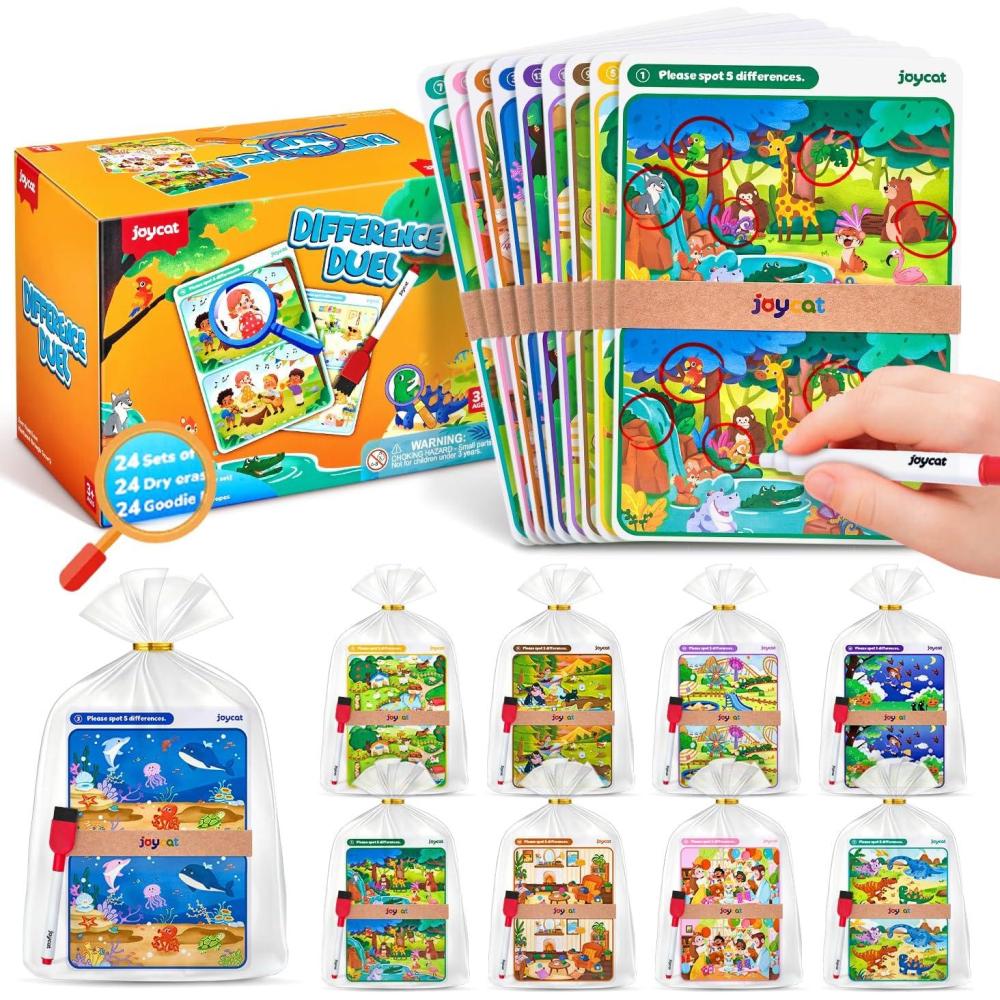 JoyCat 24 Pack Spot the Difference Game Cards for Kids, Reusable Dry Erase Party Favors, Classroom Prizes, Goodie Bag Stuffers & Birthday Return Gifts for Ages 4-8