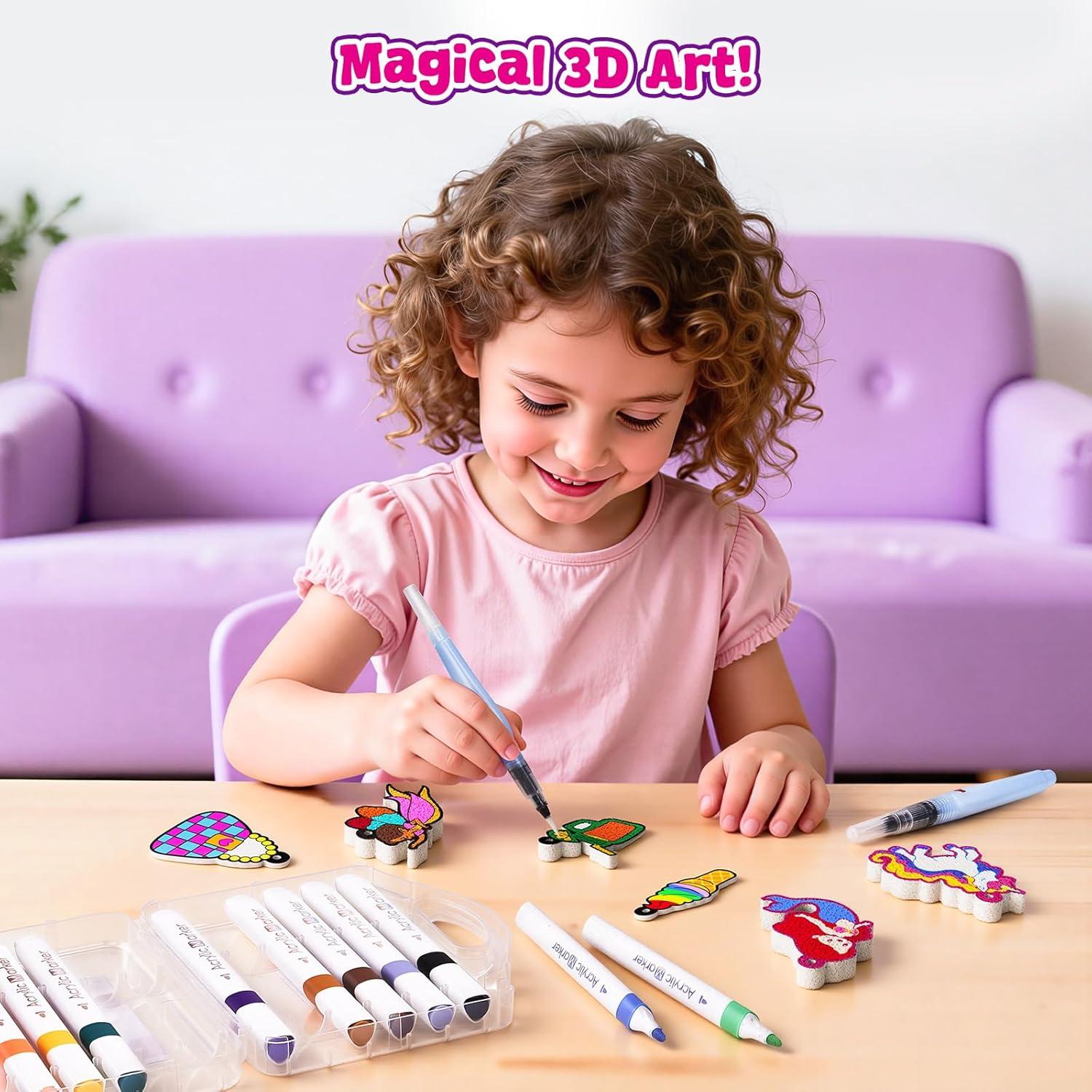 JoyCat Art Kit- 3D DIY Foam Texture Painting Kit, Unicorn & Princess Magic Puffy Paint Kit, Easter Basket Stuffers, Craft Kits for Kids, Creative Gift for Girls & Boys Ages 4, 5, 6, 7, 8, 9, 10(Princess & Unicorn)