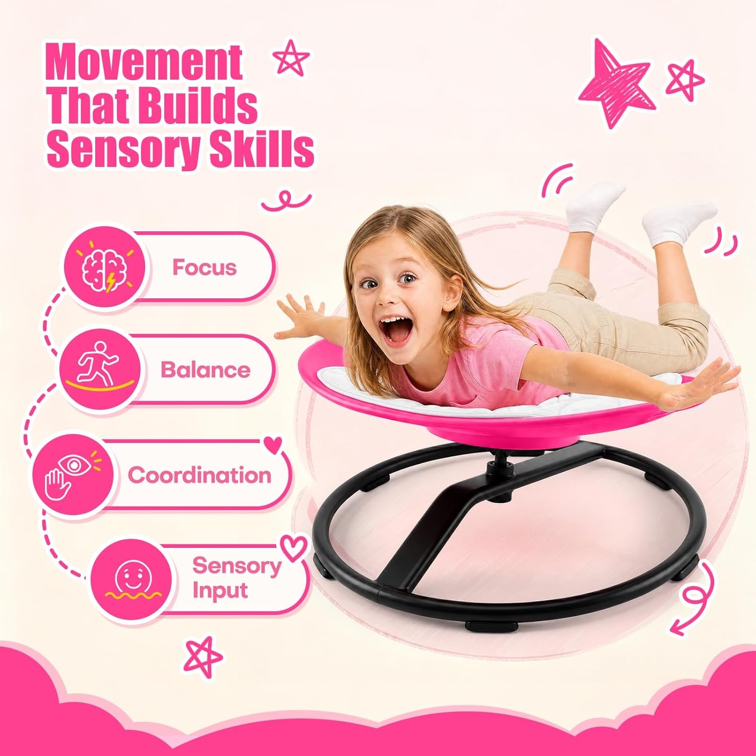 JOYCAT Spinning Sensory Chair for Kids, 360° Sensory Swivel Chair with Soft Washable Cushion,Grip Handles & Anti-Slip Base, 220LBS Kids Spin Chair for Autism Sensory Play, Classroom & Calm Corner,Blue(Pink)
