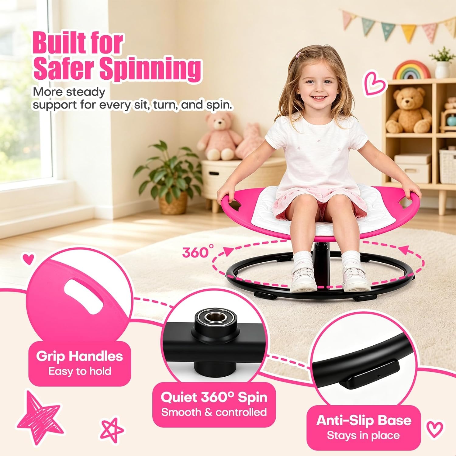 JOYCAT Spinning Sensory Chair for Kids, 360° Sensory Swivel Chair with Soft Washable Cushion,Grip Handles & Anti-Slip Base, 220LBS Kids Spin Chair for Autism Sensory Play, Classroom & Calm Corner,Blue(Pink)