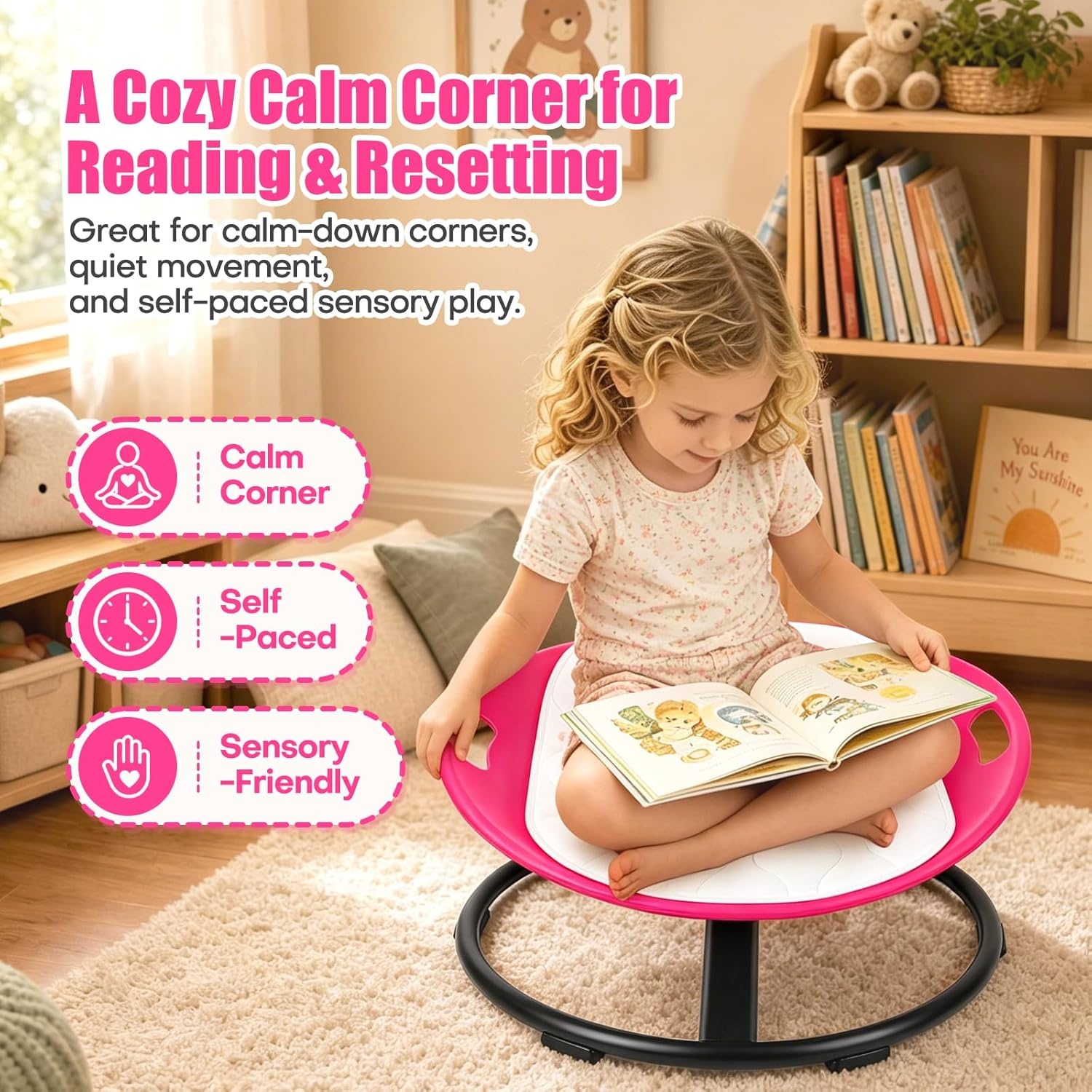 JOYCAT Spinning Sensory Chair for Kids, 360° Sensory Swivel Chair with Soft Washable Cushion,Grip Handles & Anti-Slip Base, 220LBS Kids Spin Chair for Autism Sensory Play, Classroom & Calm Corner,Blue(Pink)