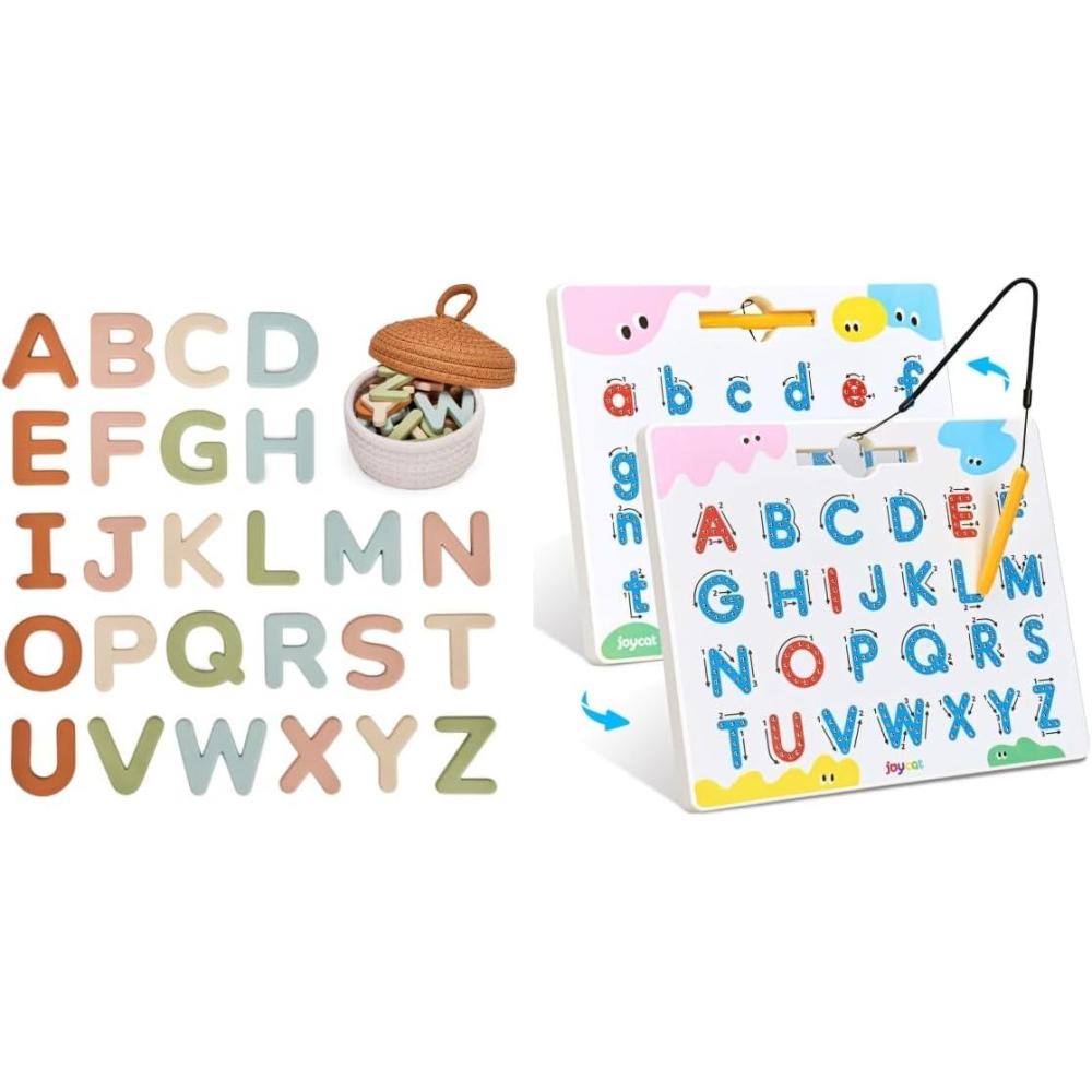 JoyCat Magnetic Letter Tracing Board + Silicone Alphabet Magnetic Letters, 26 Uppercase ABC Fridge Magnets for Toddlers & Kids
