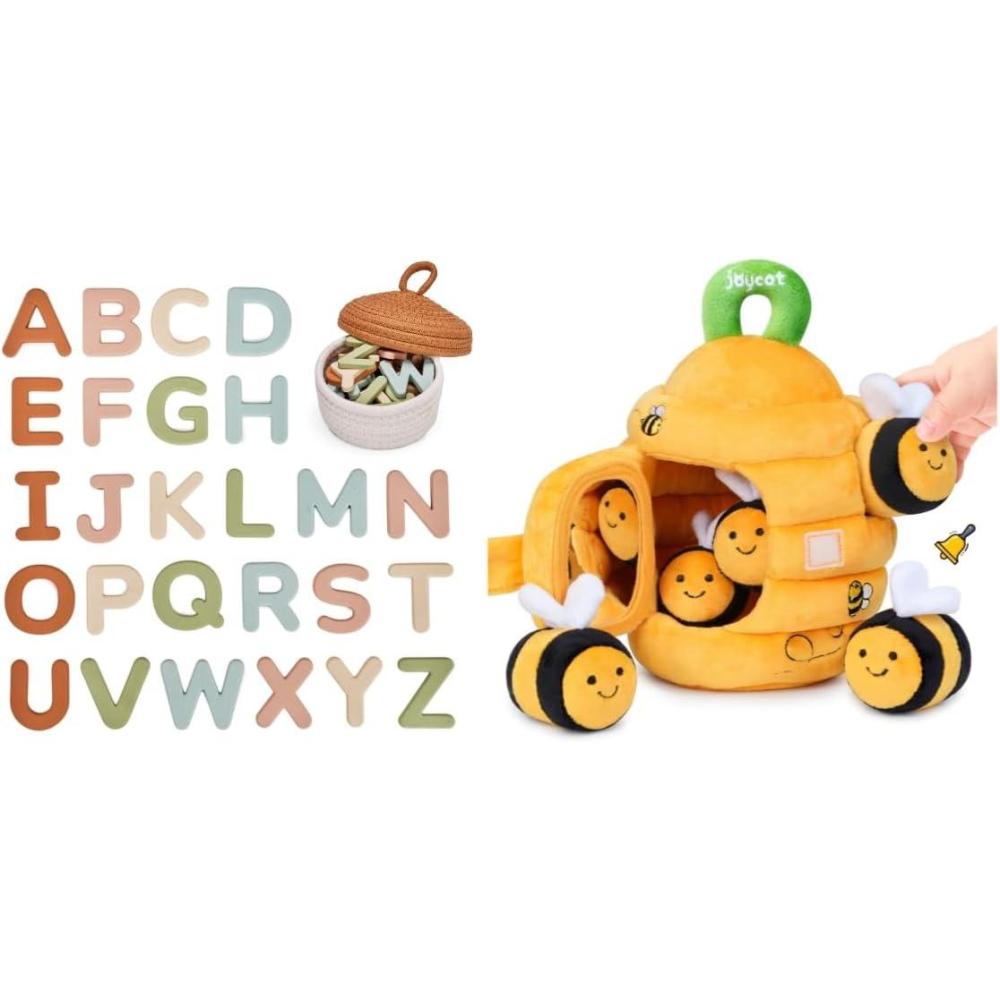 JoyCat Baby Toys – Soft Baby Beehive with 5 Sensory Bees + Silicone Alphabet Magnetic Letters, 26 Uppercase ABC Fridge Magnets for Toddlers & Kids