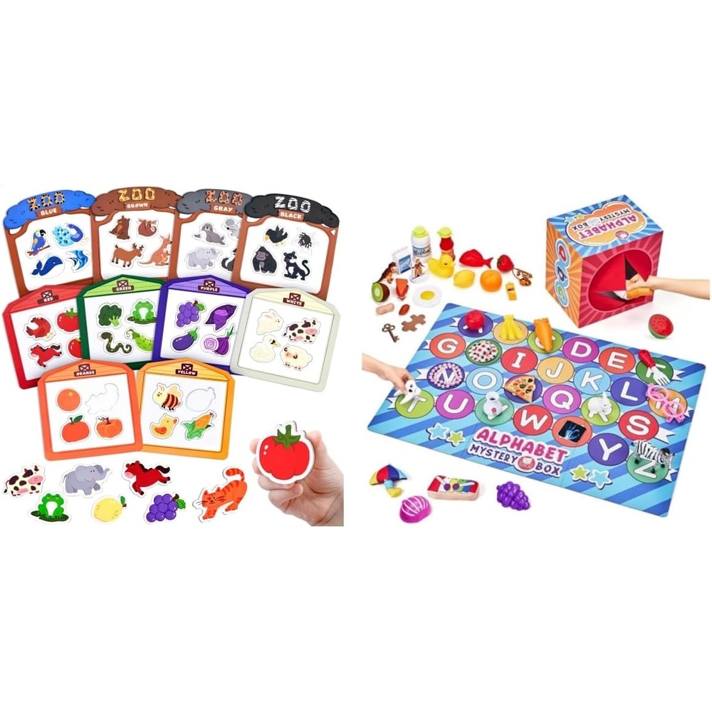 JoyCat Mystery Alphabet Box for Kids 52 PCS Letters Sorting Matching Game Activities +Color Sorting Sensory Toys, 10-Piece Wooden Magnetic Color Set for Toddlers