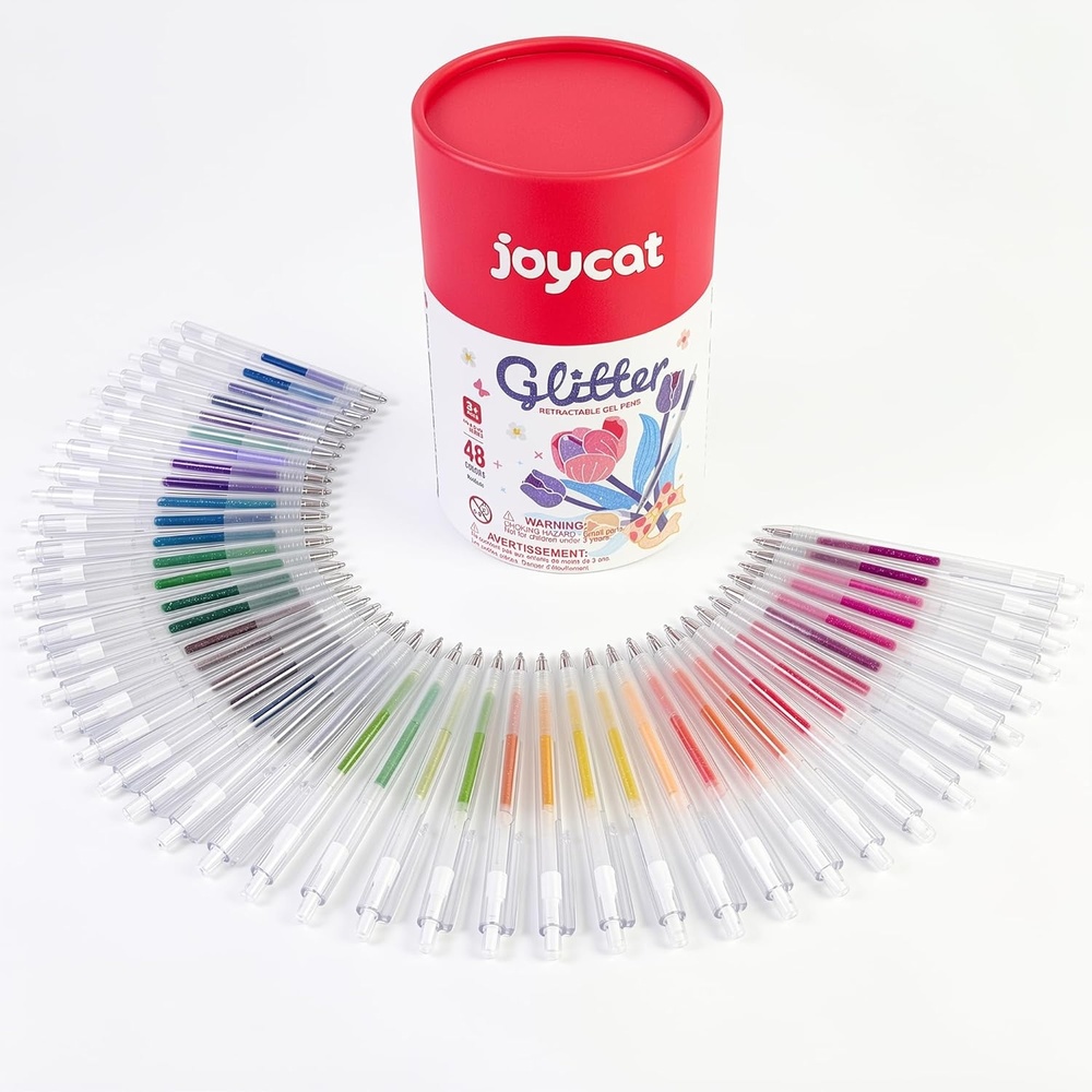 JoyCat Retractable Glitter Gel Pens, 0.8mm Fine Point Sparkle Click Pen with DIY Color Swatch Label, Cap-Free Gel Markers for Coloring, Journaling, Drawing, 48 Colors Ultimate Set with Storage Barrel(48)
