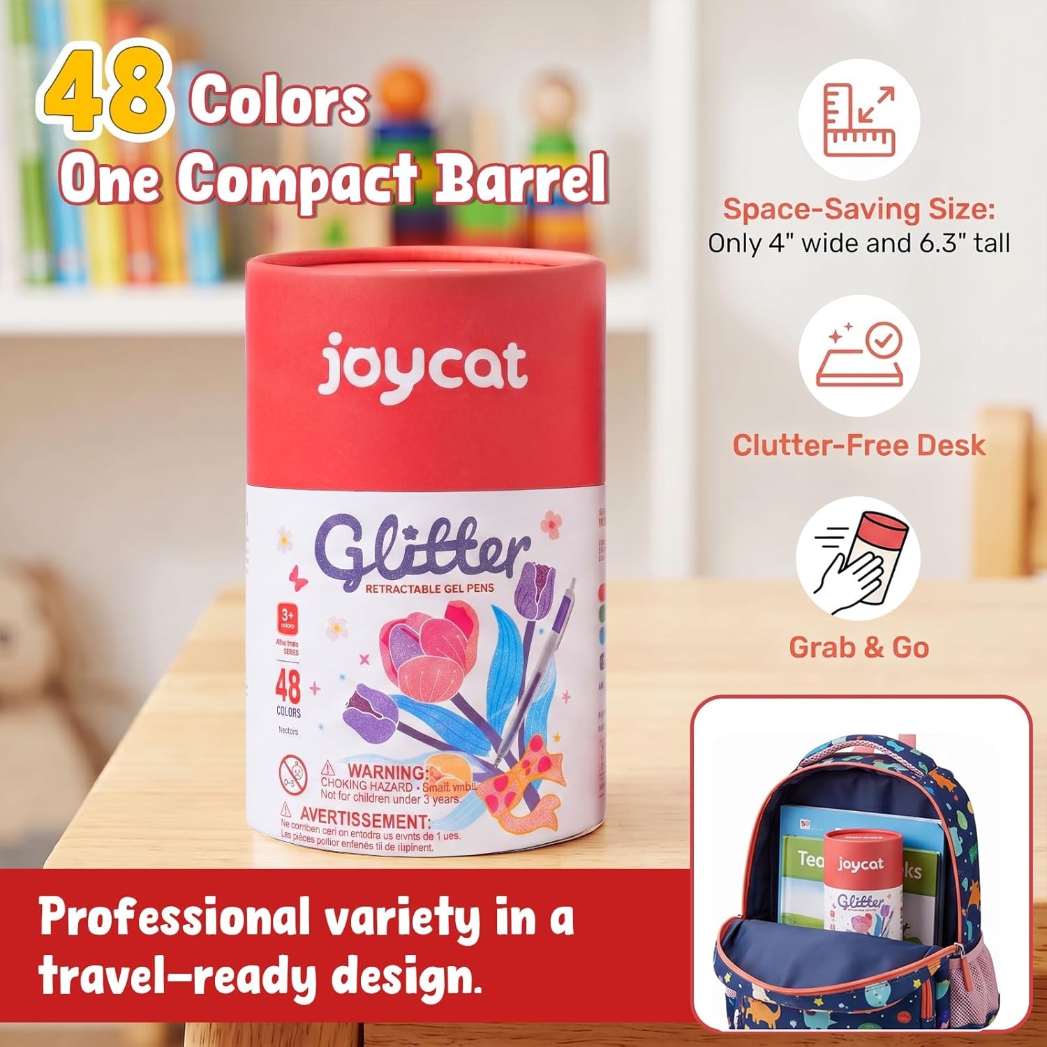 JoyCat Retractable Glitter Gel Pens, 0.8mm Fine Point Sparkle Click Pen with DIY Color Swatch Label, Cap-Free Gel Markers for Coloring, Journaling, Drawing, 48 Colors Ultimate Set with Storage Barrel(48)