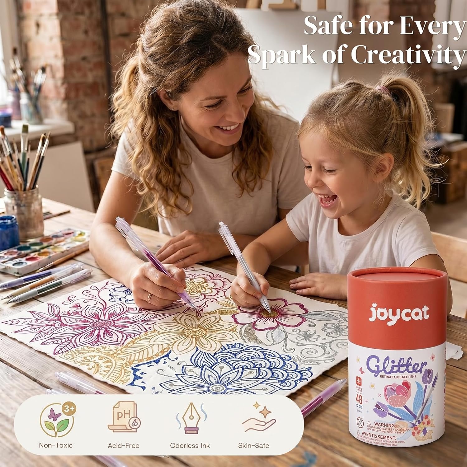 JoyCat Retractable Glitter Gel Pens, 0.8mm Fine Point Sparkle Click Pen with DIY Color Swatch Label, Cap-Free Gel Markers for Coloring, Journaling, Drawing, 48 Colors Ultimate Set with Storage Barrel(48)