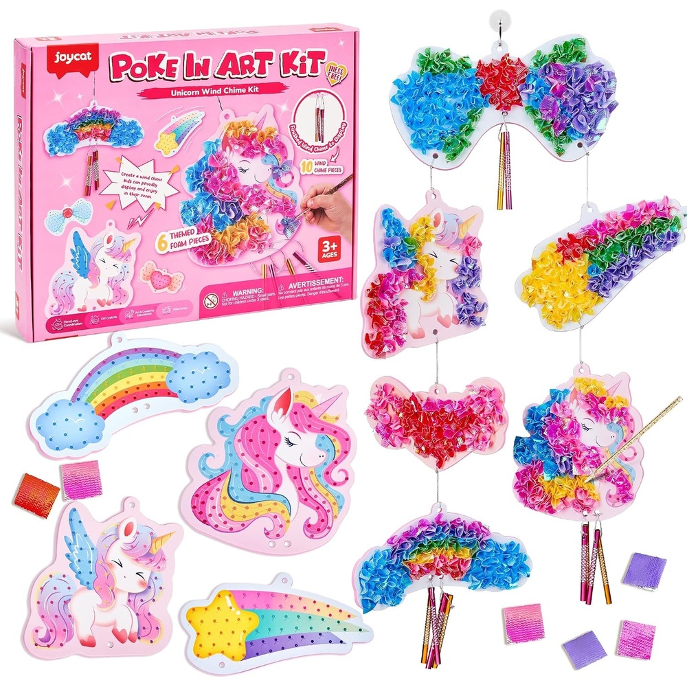 Poke-in Wind Chime Craft Kit for Kids, 3D Magical Fantasy DIY Set with Audible Wind Chime Pieces, 6 EVA Magical Figures, Mess-Free Creative Activity, Arts and Crafts & Birthday Gift for kids Age 3+(Unicorn Wind Chime Kit)