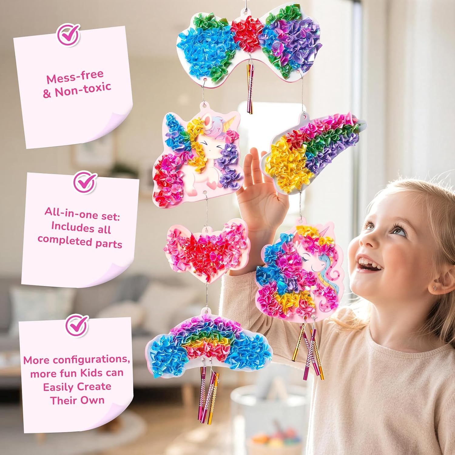 Poke-in Wind Chime Craft Kit for Kids, 3D Magical Fantasy DIY Set with Audible Wind Chime Pieces, 6 EVA Magical Figures, Mess-Free Creative Activity, Arts and Crafts & Birthday Gift for kids Age 3+(Unicorn Wind Chime Kit)