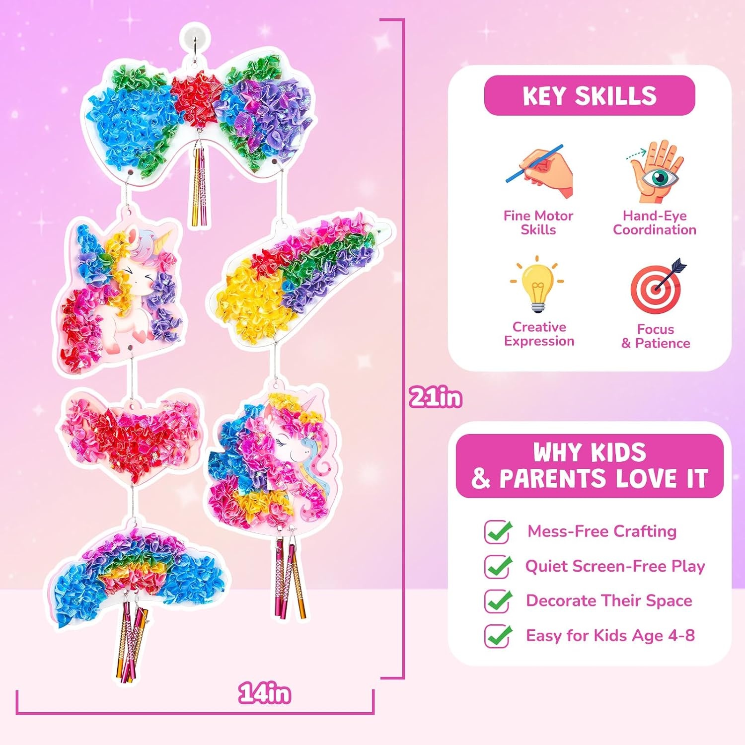 Poke-in Wind Chime Craft Kit for Kids, 3D Magical Fantasy DIY Set with Audible Wind Chime Pieces, 6 EVA Magical Figures, Mess-Free Creative Activity, Arts and Crafts & Birthday Gift for kids Age 3+(Unicorn Wind Chime Kit)