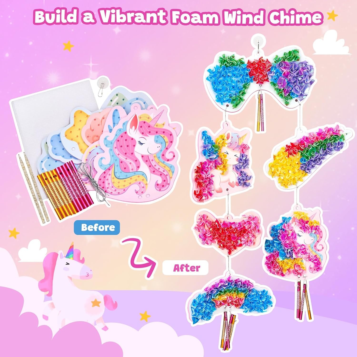 Poke-in Wind Chime Craft Kit for Kids, 3D Magical Fantasy DIY Set with Audible Wind Chime Pieces, 6 EVA Magical Figures, Mess-Free Creative Activity, Arts and Crafts & Birthday Gift for kids Age 3+(Unicorn Wind Chime Kit)