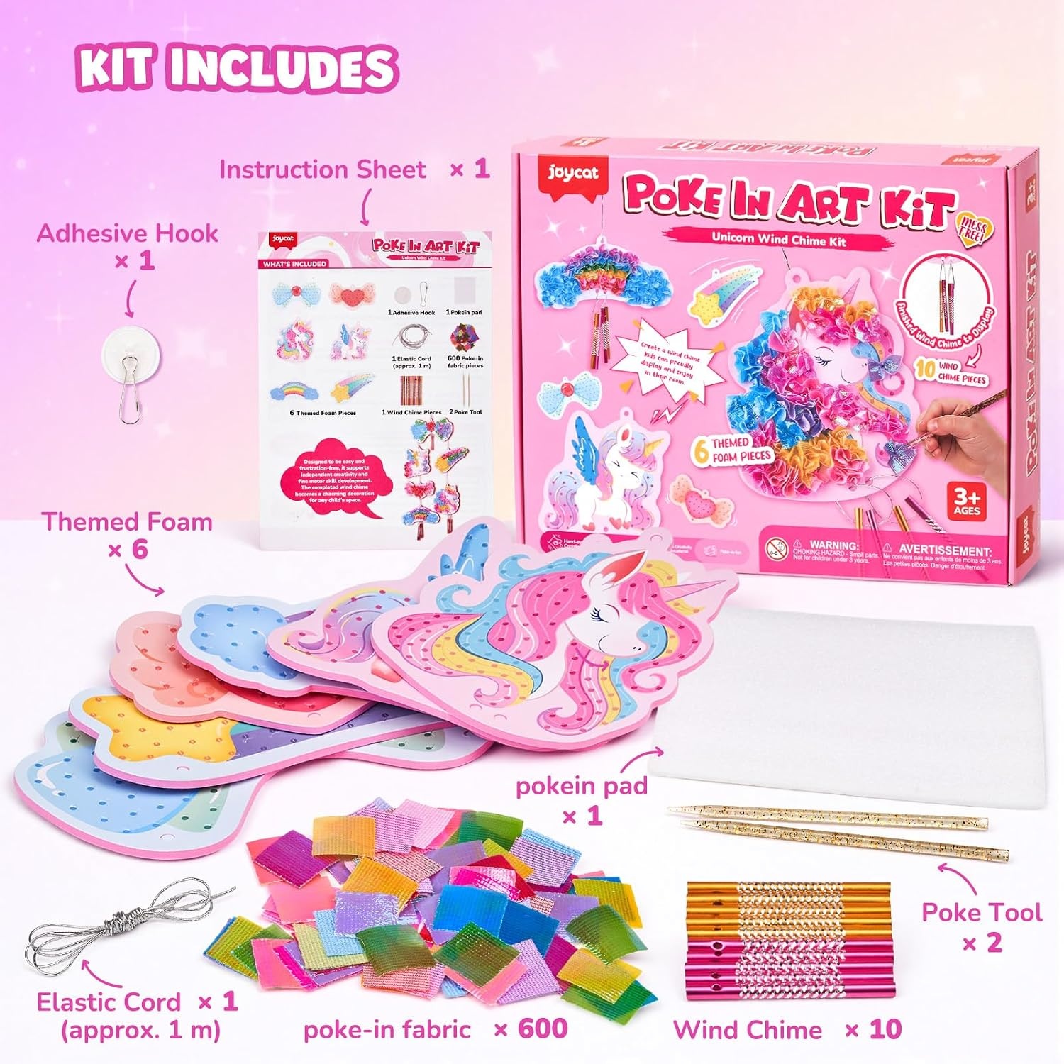 Poke-in Wind Chime Craft Kit for Kids, 3D Magical Fantasy DIY Set with Audible Wind Chime Pieces, 6 EVA Magical Figures, Mess-Free Creative Activity, Arts and Crafts & Birthday Gift for kids Age 3+(Unicorn Wind Chime Kit)