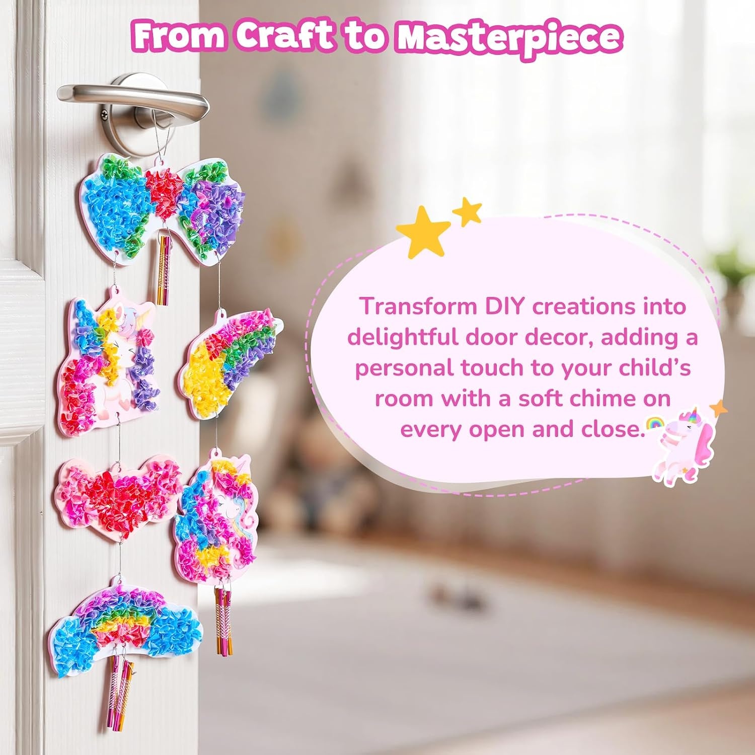 Poke-in Wind Chime Craft Kit for Kids, 3D Magical Fantasy DIY Set with Audible Wind Chime Pieces, 6 EVA Magical Figures, Mess-Free Creative Activity, Arts and Crafts & Birthday Gift for kids Age 3+(Unicorn Wind Chime Kit)