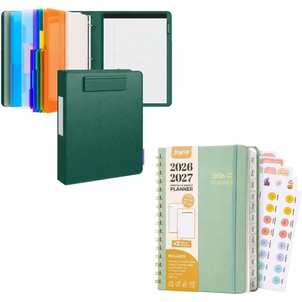 JoyCat 3 Ring Binder Dark Green Clipboard + A5 Green Academic Planner 2026-2027, July 2026 – June 2027, 6.3″ x 8.5″ Weekly & Monthly Planner