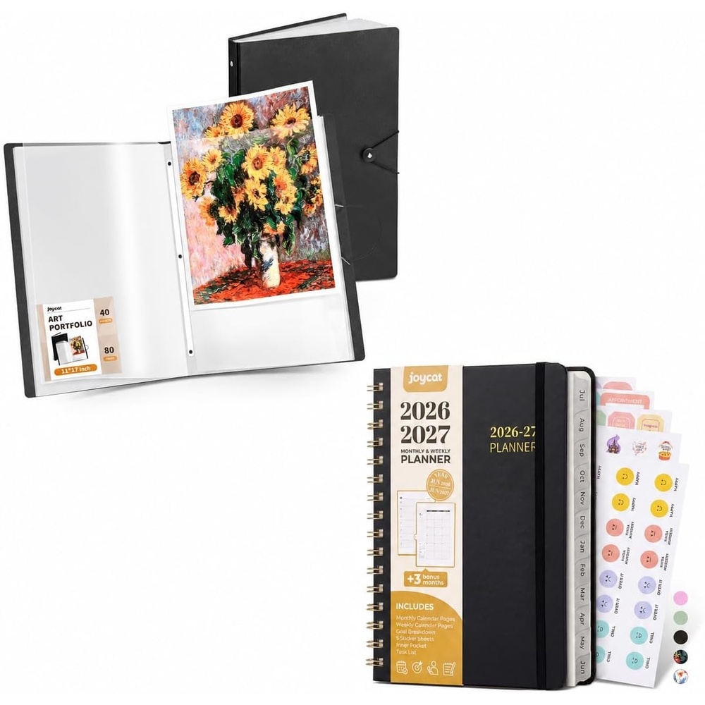 JoyCat Black Art Portfolio Binder Fits 11″x17″ + A5 Academic Planner 2026-2027, July 2026 – June 2027, A5 Weekly & Monthly Planner