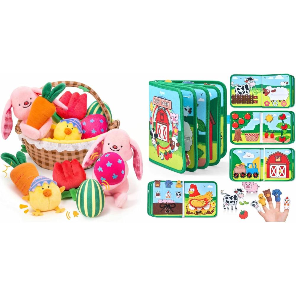 JoyCat Farm Busy Book for Toddlers 1–3 Baby My First Easter Basket, 6 PCS Plush Playset Stuffers with Bunny Chick Eggs Carrot Tulip Toys, Easter Party Favors Decorations Gifts Supplies for Baby
