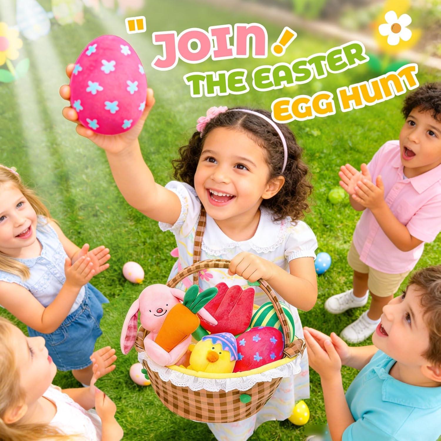 JoyCat Farm Busy Book for Toddlers 1–3 Baby My First Easter Basket, 6 PCS Plush Playset Stuffers with Bunny Chick Eggs Carrot Tulip Toys, Easter Party Favors Decorations Gifts Supplies for Baby