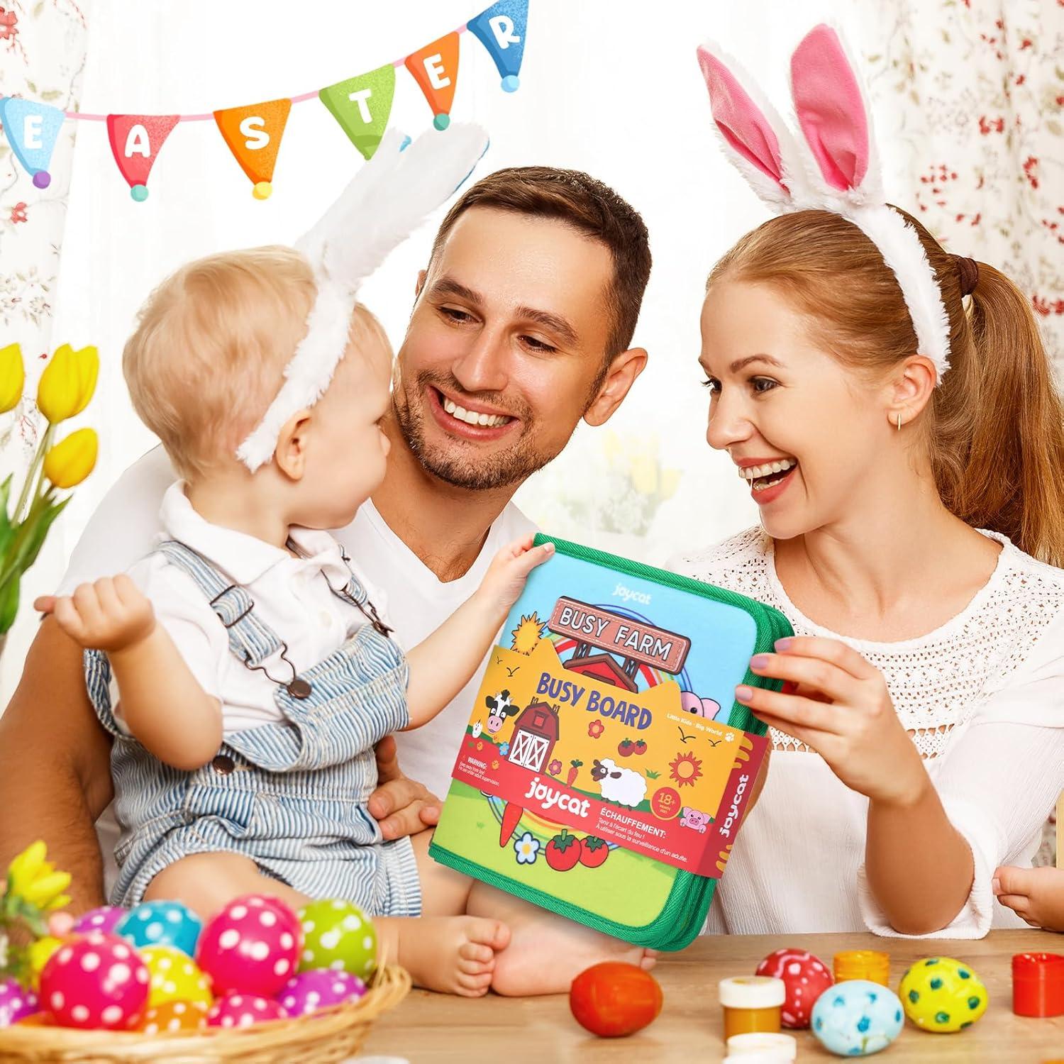 JoyCat Farm Busy Book for Toddlers 1–3 Baby My First Easter Basket, 6 PCS Plush Playset Stuffers with Bunny Chick Eggs Carrot Tulip Toys, Easter Party Favors Decorations Gifts Supplies for Baby