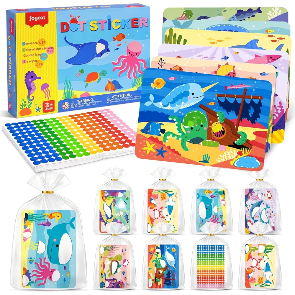 JoyCat 24 Pack Mermaid Dot Art Craft Kits for Kids Party Favors, Mess-Free Dot Sticker Activity Set with 4800+ Stickers & Goodie Bags, Classroom Prizes, Goodie Bag Stuffers, Mermaid Toys for Ages 3-8(Ocean)
