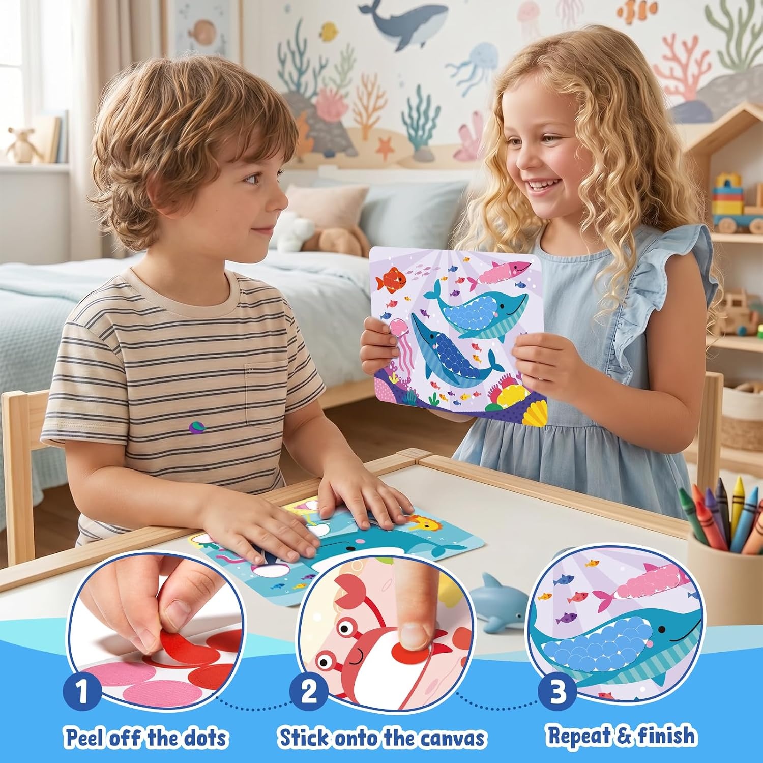 JoyCat 24 Pack Mermaid Dot Art Craft Kits for Kids Party Favors, Mess-Free Dot Sticker Activity Set with 4800+ Stickers & Goodie Bags, Classroom Prizes, Goodie Bag Stuffers, Mermaid Toys for Ages 3-8(Ocean)