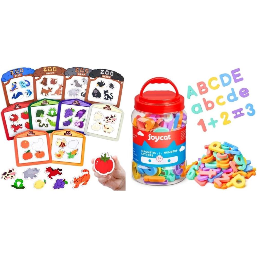 JoyCat 104 PCS Magnetic Letters and Numbers, ABC 123 Alphabet Fridge Magnets for Toddlers & Kids + Wooden Fridge Magnets for Toddlers, 50PCS Magnetic Color Sorting Refrigerator Toys