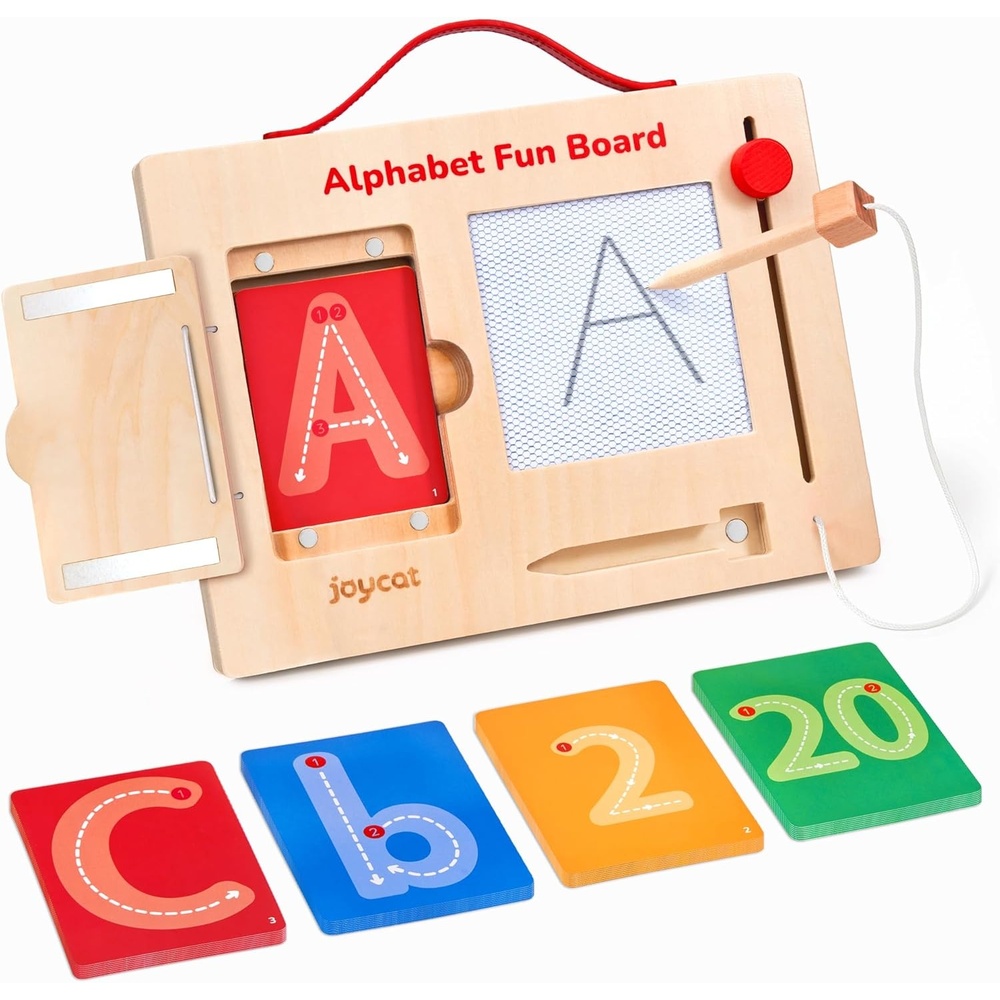 JoyCat Wooden Letter Tracing Board for Toddlers 3-5, Magnetic ABC & Number Writing Practice Board with 36 Double-Sided Cards, Reusable Montessori Handwriting Toy for Preschool Learning & Travel