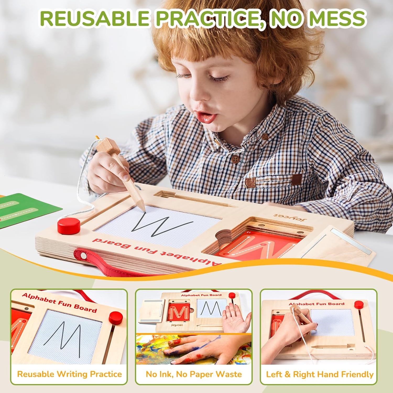 JoyCat Wooden Letter Tracing Board for Toddlers 3-5, Magnetic ABC & Number Writing Practice Board with 36 Double-Sided Cards, Reusable Montessori Handwriting Toy for Preschool Learning & Travel