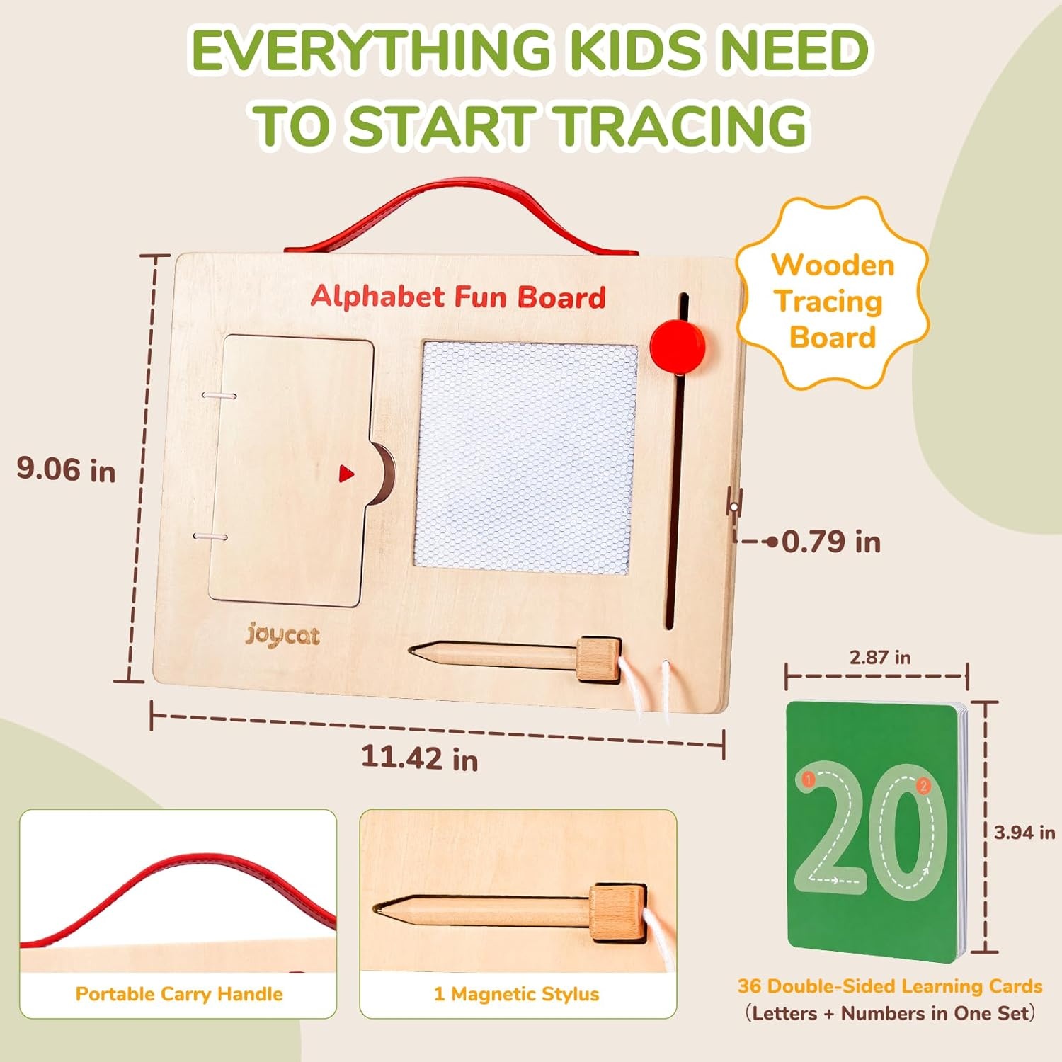 JoyCat Wooden Letter Tracing Board for Toddlers 3-5, Magnetic ABC & Number Writing Practice Board with 36 Double-Sided Cards, Reusable Montessori Handwriting Toy for Preschool Learning & Travel