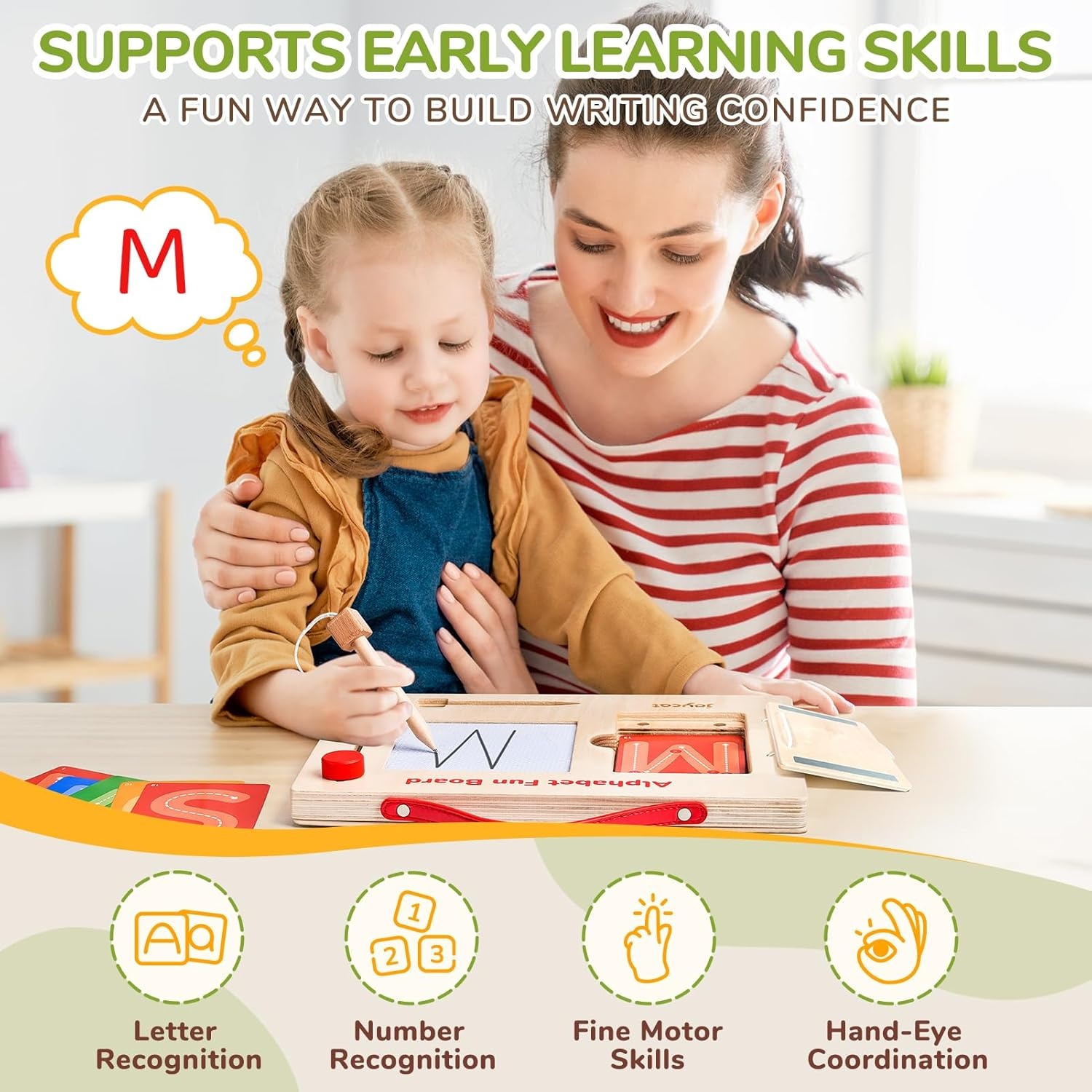 JoyCat Wooden Letter Tracing Board for Toddlers 3-5, Magnetic ABC & Number Writing Practice Board with 36 Double-Sided Cards, Reusable Montessori Handwriting Toy for Preschool Learning & Travel