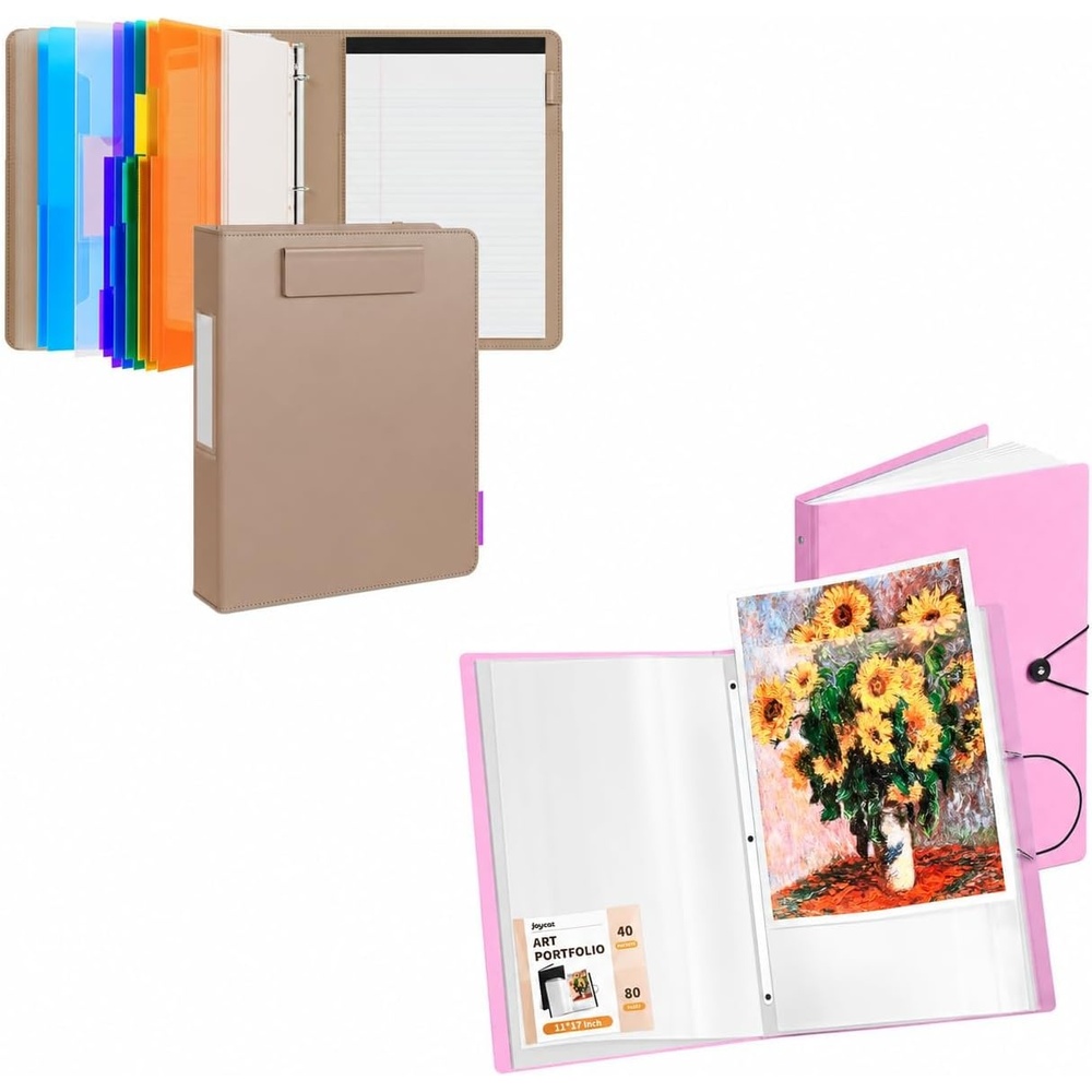 JoyCat 3 Ring Binder Khaki Clipboard + 11″x17″ Pink Art Portfolio Binder, 40 Pockets Art Folder with Clear View Pages, 80 Sheets Presentation Binder