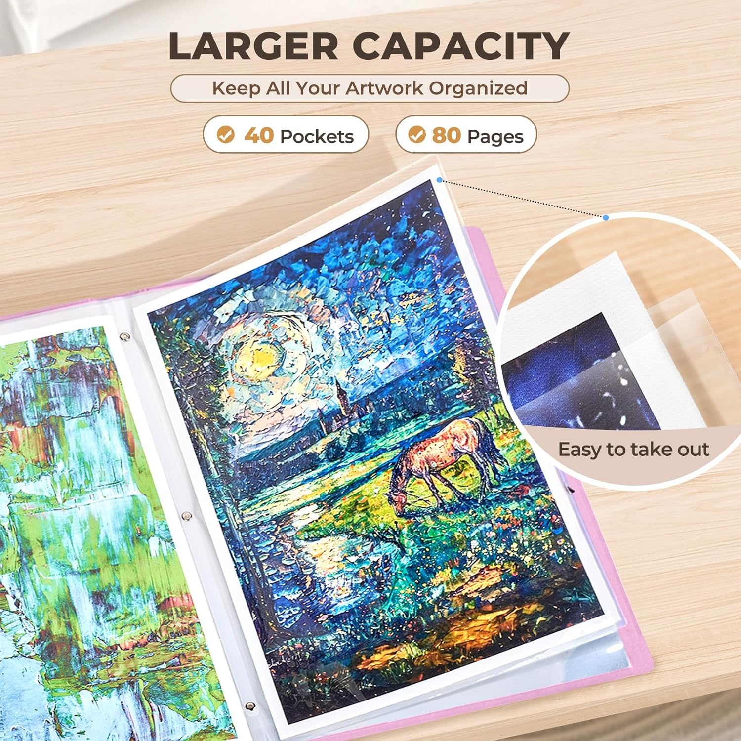 JoyCat 3 Ring Binder Khaki Clipboard + 11″x17″ Pink Art Portfolio Binder, 40 Pockets Art Folder with Clear View Pages, 80 Sheets Presentation Binder