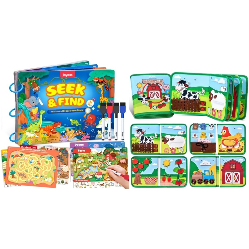 JoyCat Farm Animal Busy Book for Toddlers Busy Board for 1 2 3 4 Year Old Boy Girl Birthday Gift+Seek & Find Game Books