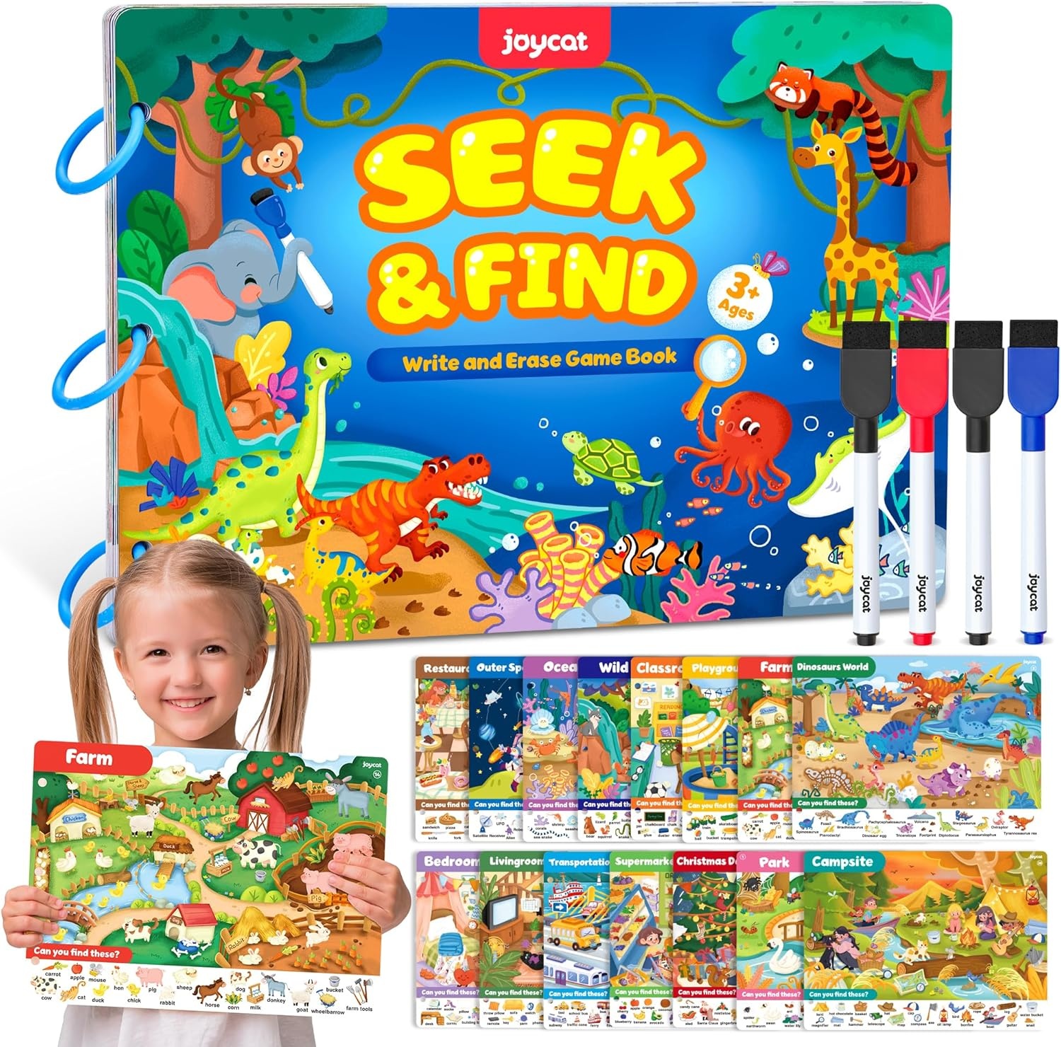 JoyCat Farm Animal Busy Book for Toddlers Busy Board for 1 2 3 4 Year Old Boy Girl Birthday Gift+Seek & Find Game Books