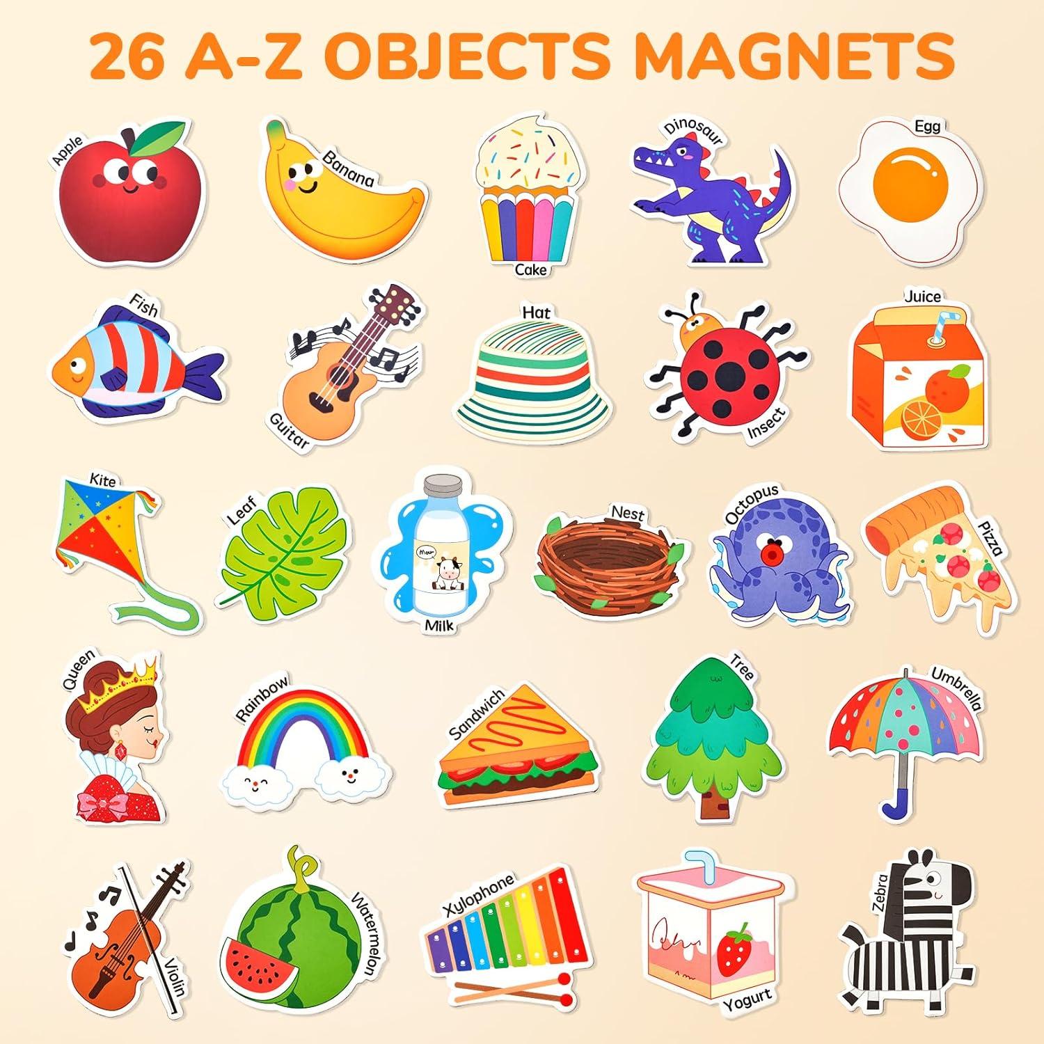 JoyCat Wooden Fridge Magnets for Toddlers-A-Z Objects & Fruits & Vegetables Food Cartoon Magnets