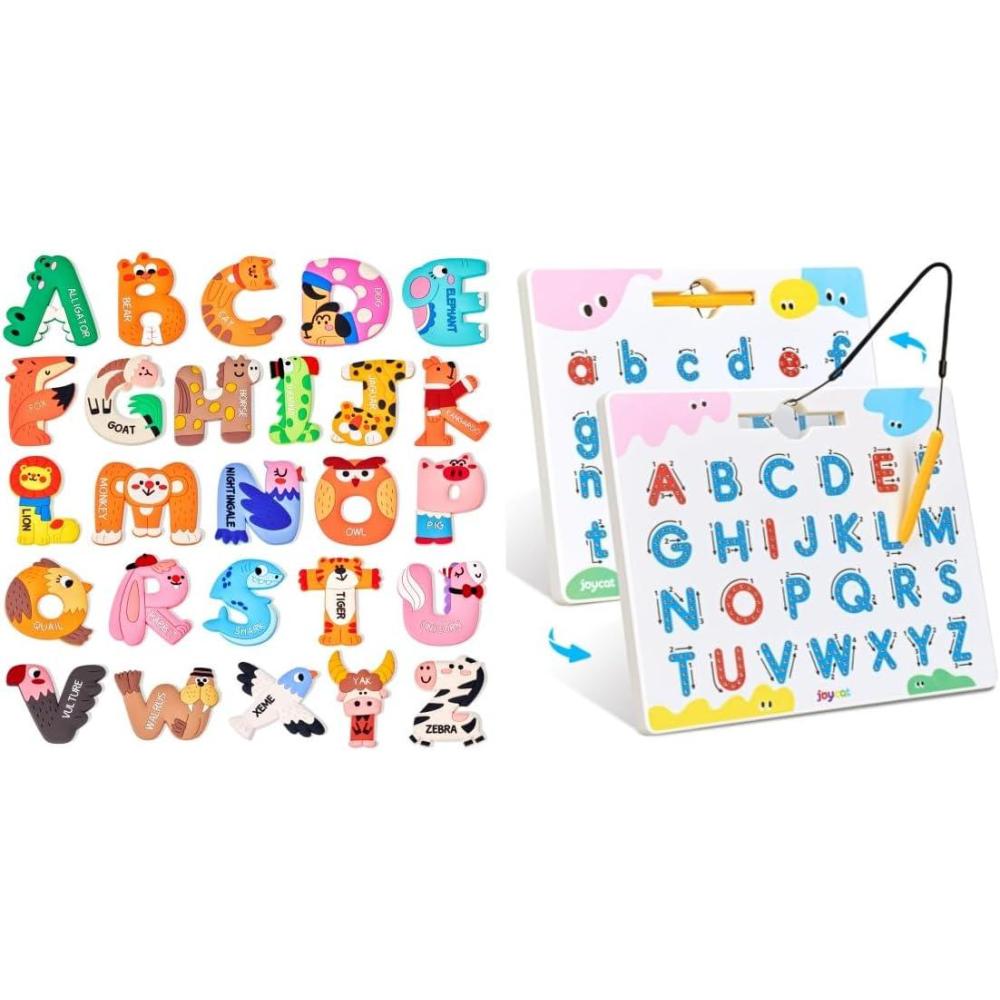 JoyCat Magnetic Letter Tracing Board, 2-in-1 Double-Sided ABC Magnets for Kids Ages 3-5 + 26 Large Soft PVC Uppercase Alphabet ABC Refrigerator Magnets