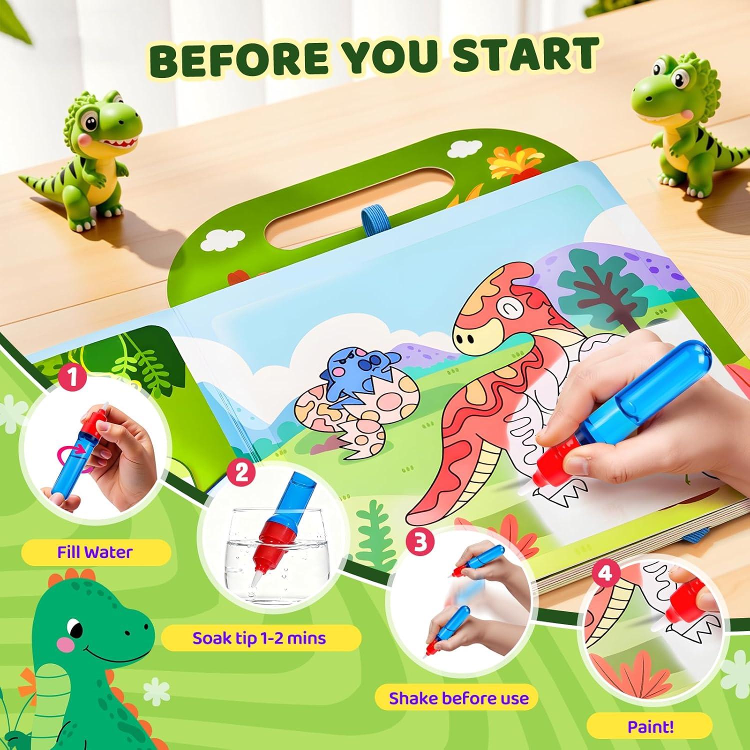 JoyCat Ocean Water Coloring Book for Toddlers 3-5, Reusable No-Mess Water Painting Book with Water Pen, 13 Activity Pages, Travel Toy Gift for Boys & Girls(Dinosaur)