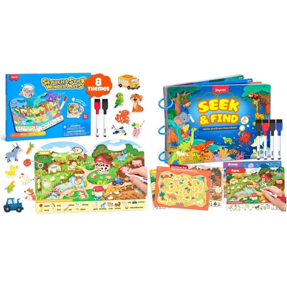JoyCat Seek & Find Game Books Search and Find Activity Mats, Reusable Sticker Books for Toddlers with 120+ Jelly Stickers, Travel Toys for Car Airplane Road Trips