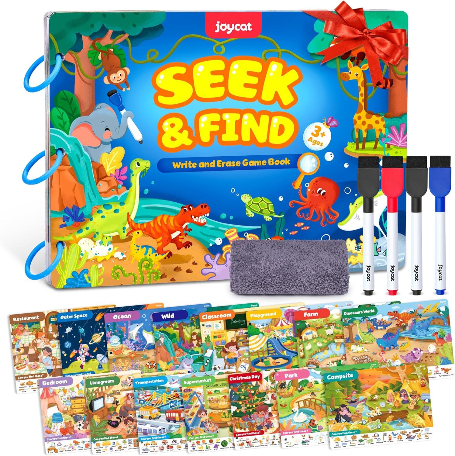 JoyCat Seek & Find Game Books Search and Find Activity Mats, Reusable Sticker Books for Toddlers with 120+ Jelly Stickers, Travel Toys for Car Airplane Road Trips