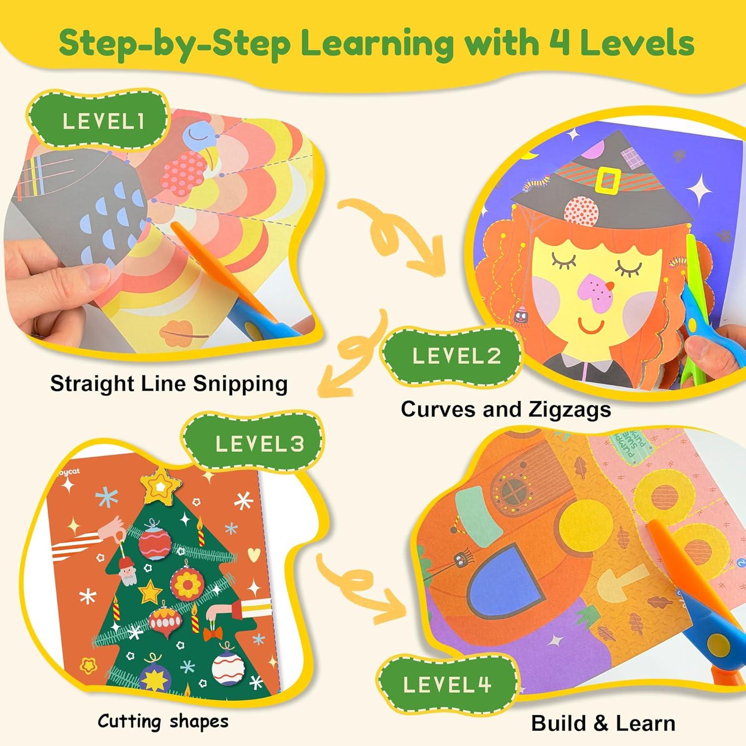 Toddler Scissor Skills Activity Book, 4 Progressive Levels to Learn Cutting for Kids Ages 3-6, 27 Fun Crafts with Child-Safe Scissors, Develop Fine Motor Skills, Ideal Christmas Gift & Arts and Crafts(Festive Magic)