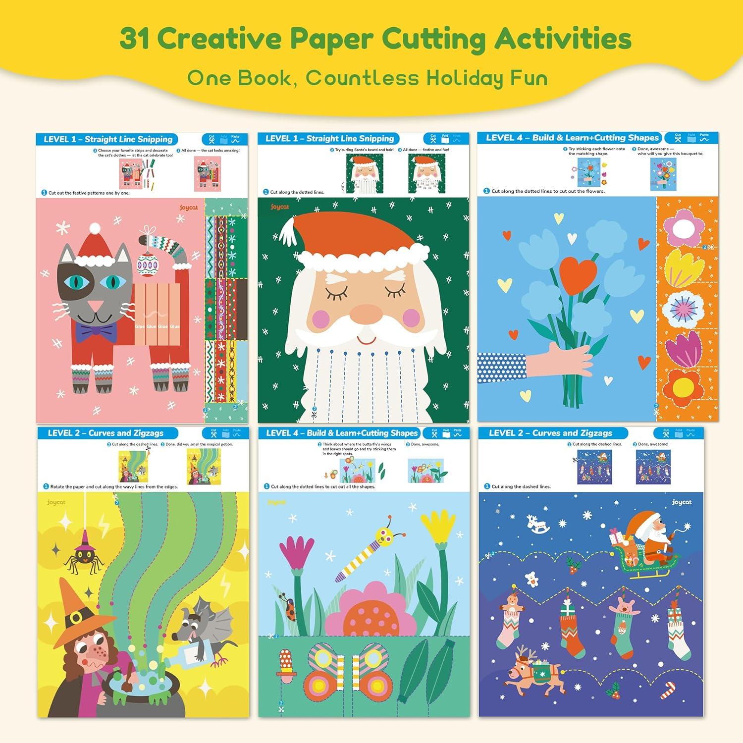 Toddler Scissor Skills Activity Book, 4 Progressive Levels to Learn Cutting for Kids Ages 3-6, 27 Fun Crafts with Child-Safe Scissors, Develop Fine Motor Skills, Ideal Christmas Gift & Arts and Crafts(Festive Magic)