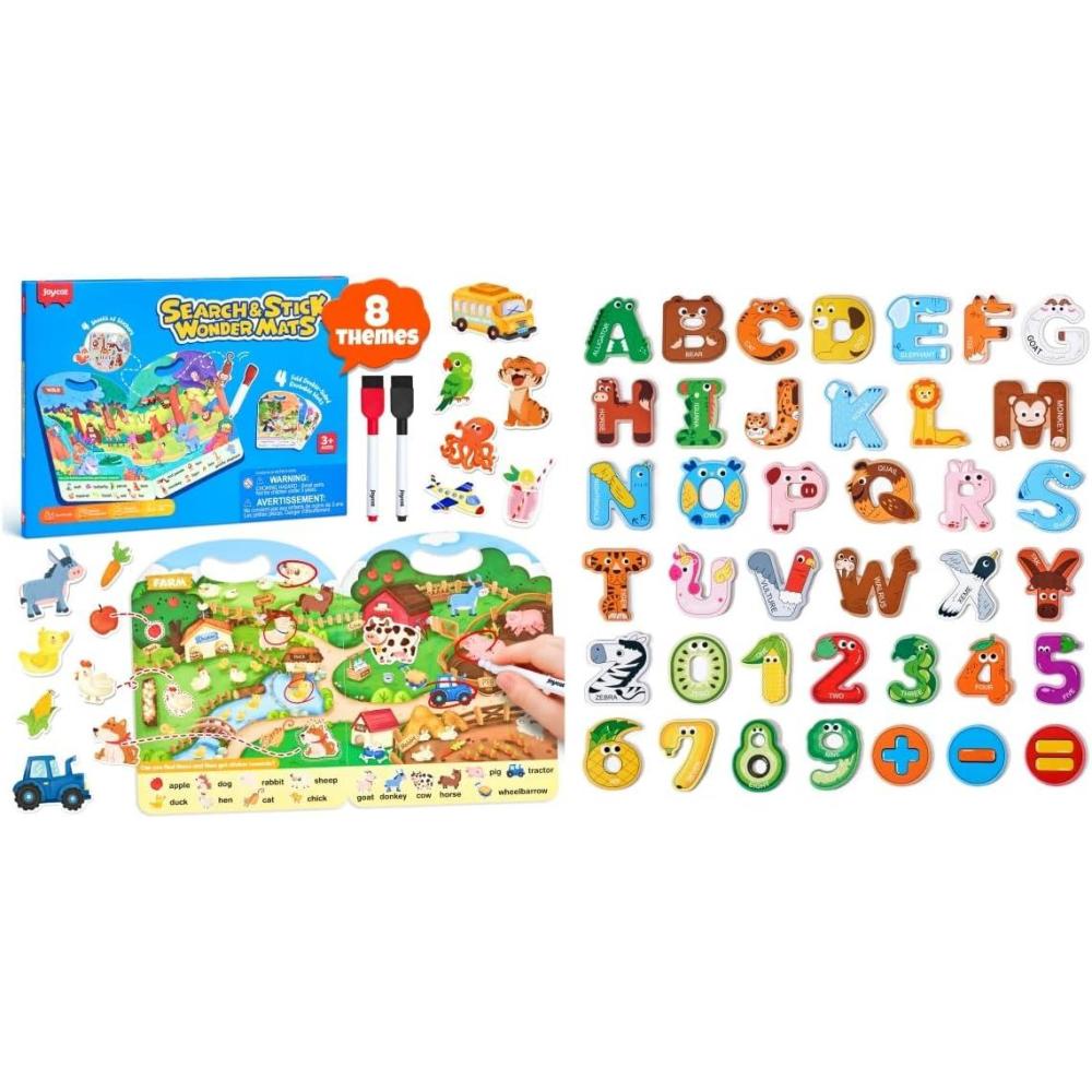 JoyCat Magnetic Letters and Numbers Fridge Magnets + JoyCat Search and Find Activity Mats, Reusable Sticker Books for Toddlers with 120+ Jelly Stickers