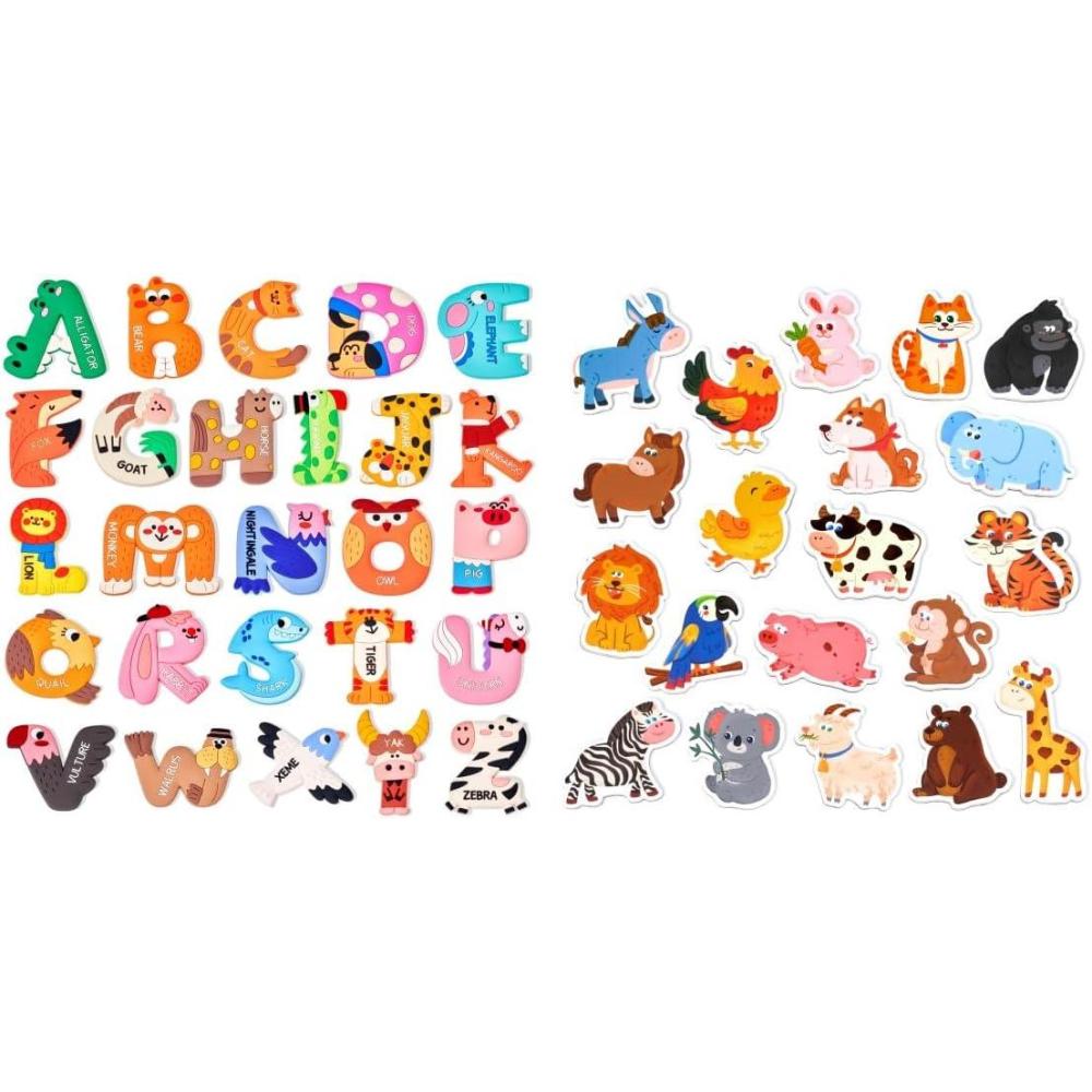 JoyCat Wooden Fridge Magnets for Toddlers, 20 Cute Animals Refrigerator Magnets for Kids + 26 Large Soft PVC Uppercase Alphabet ABC Refrigerator Magnets, Cute for Baby