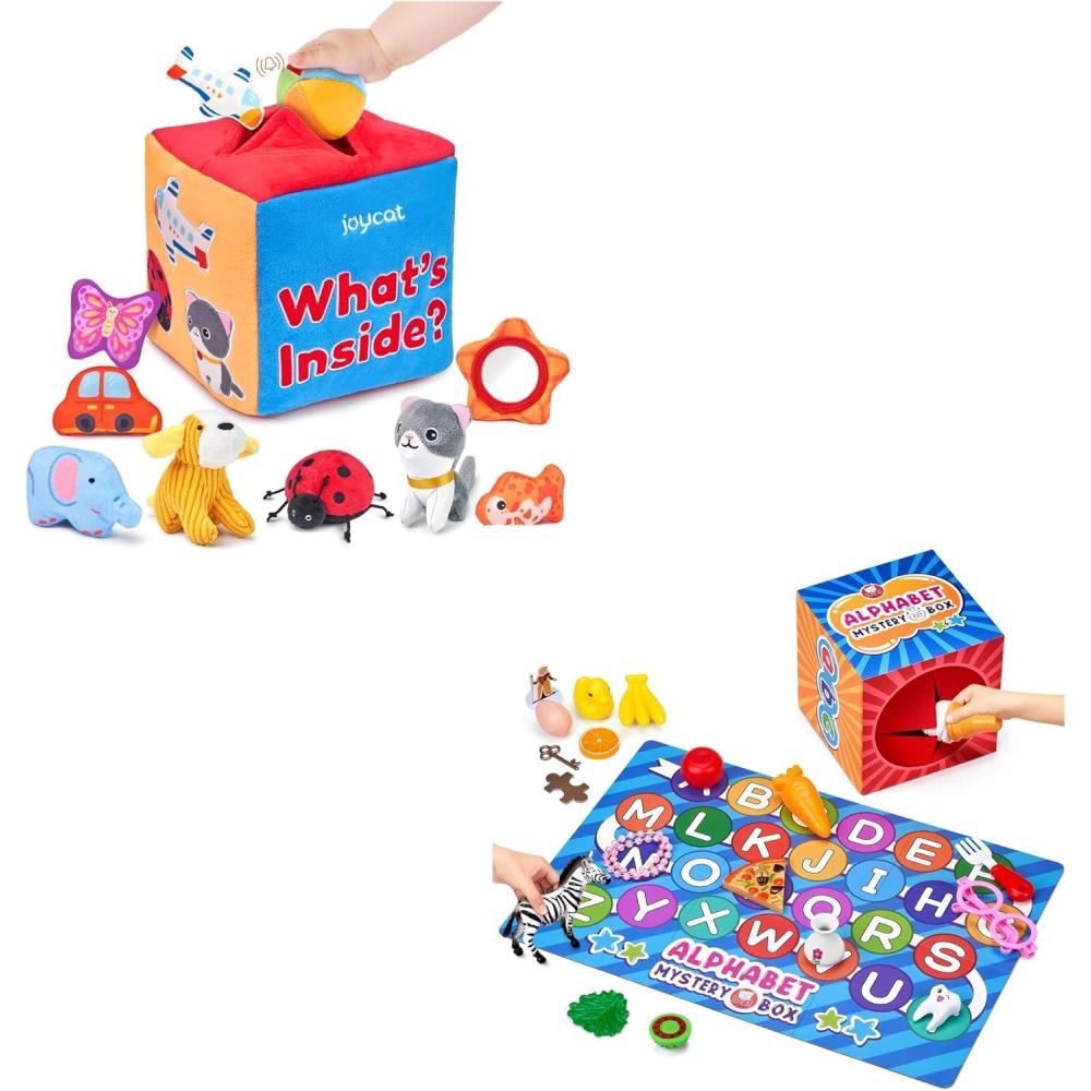 JoyCat Alphabet Mystery Box Soft Mystery Box with 10 Sensory Objects – My First Baby Box for 0-6 Months, Rattle, Crinkle Paper, Mirror – Busy Montessori Toys for Babies 6-12 Months – What’s Ins