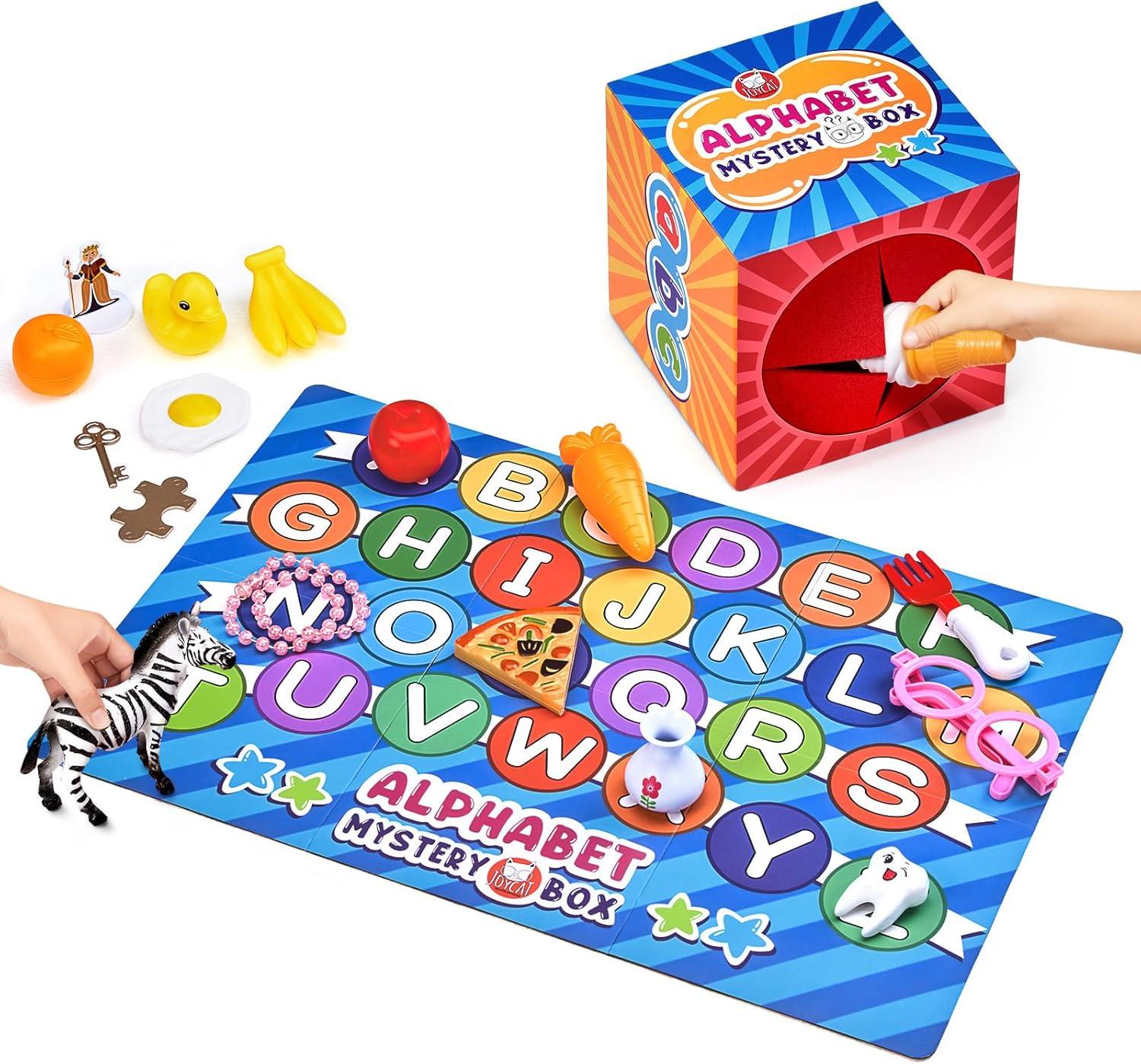 JoyCat Alphabet Mystery Box Soft Mystery Box with 10 Sensory Objects – My First Baby Box for 0-6 Months, Rattle, Crinkle Paper, Mirror – Busy Montessori Toys for Babies 6-12 Months – What’s Ins