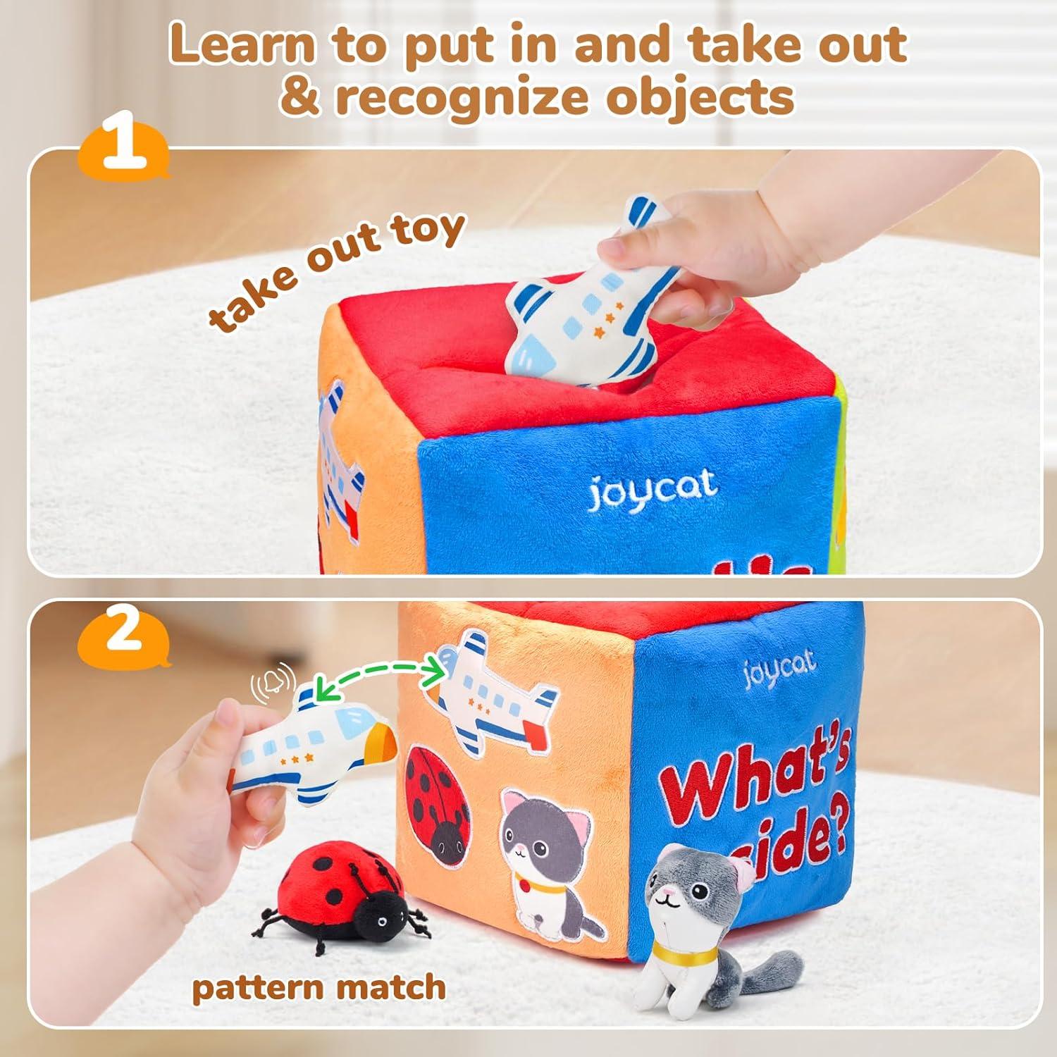 JoyCat Alphabet Mystery Box Soft Mystery Box with 10 Sensory Objects – My First Baby Box for 0-6 Months, Rattle, Crinkle Paper, Mirror – Busy Montessori Toys for Babies 6-12 Months – What’s Ins