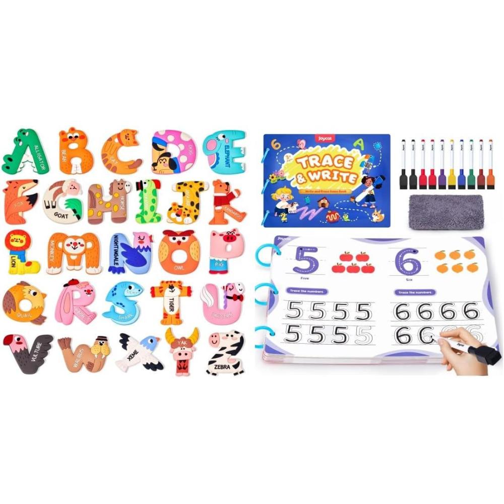 JoyCat Preschool Learning Activities 48 Reusable Pages, Handwriting Practice for Kids Toddlers + 26 Large Soft PVC Uppercase Alphabet ABC Refrigerator Magnets